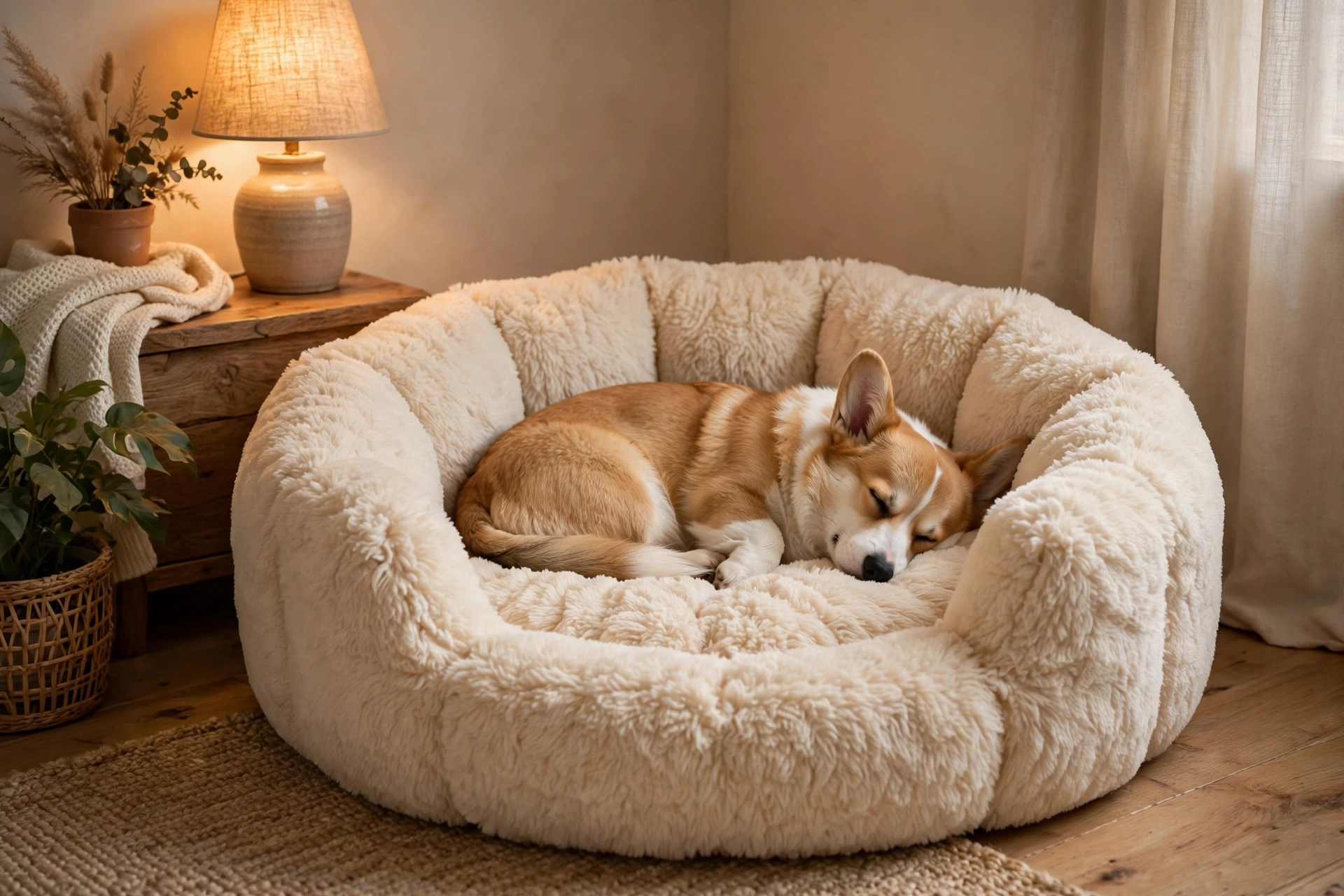 Fluffy cream donut dog bed with raised plush edges, corgi curled up asleep inside