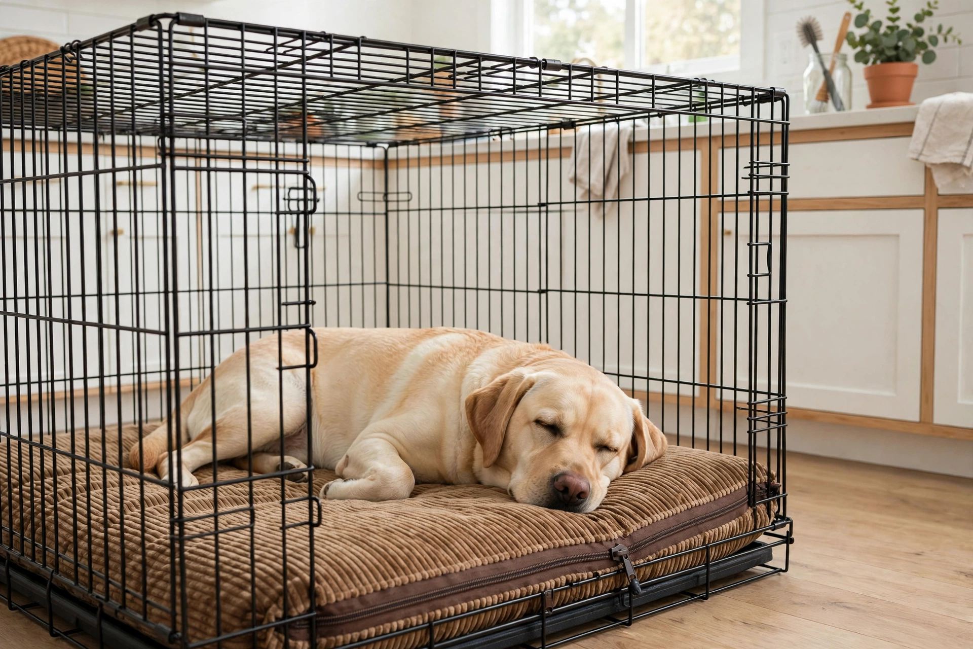 Brown corduroy dog crate mat with zipper edge inside a wire dog crate, labrador lying on it