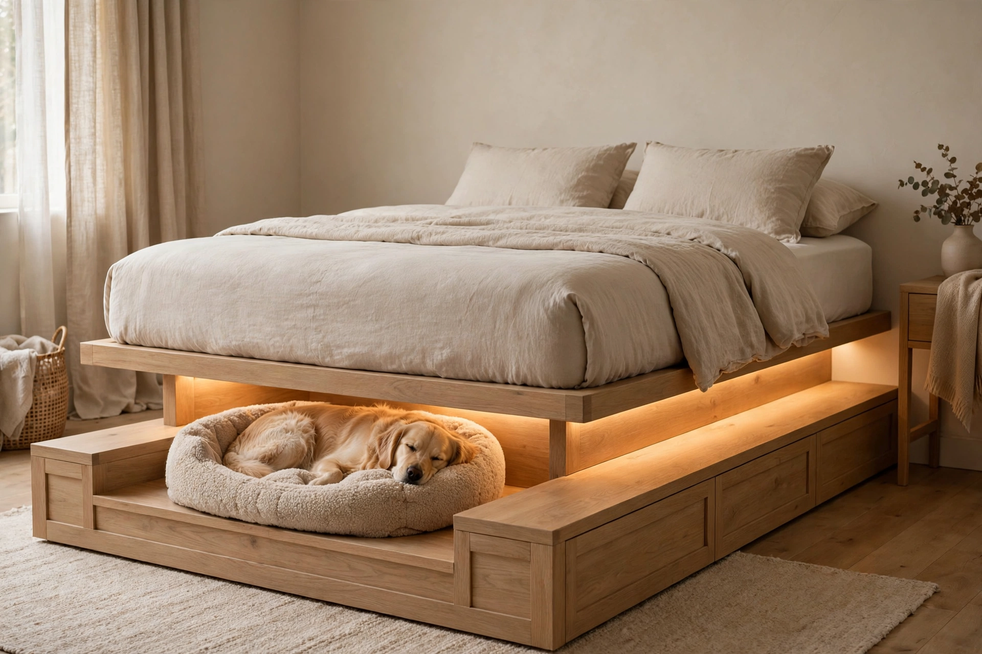 Dog bed tucked under a platform bed with warm LED lighting and a golden retriever resting in it