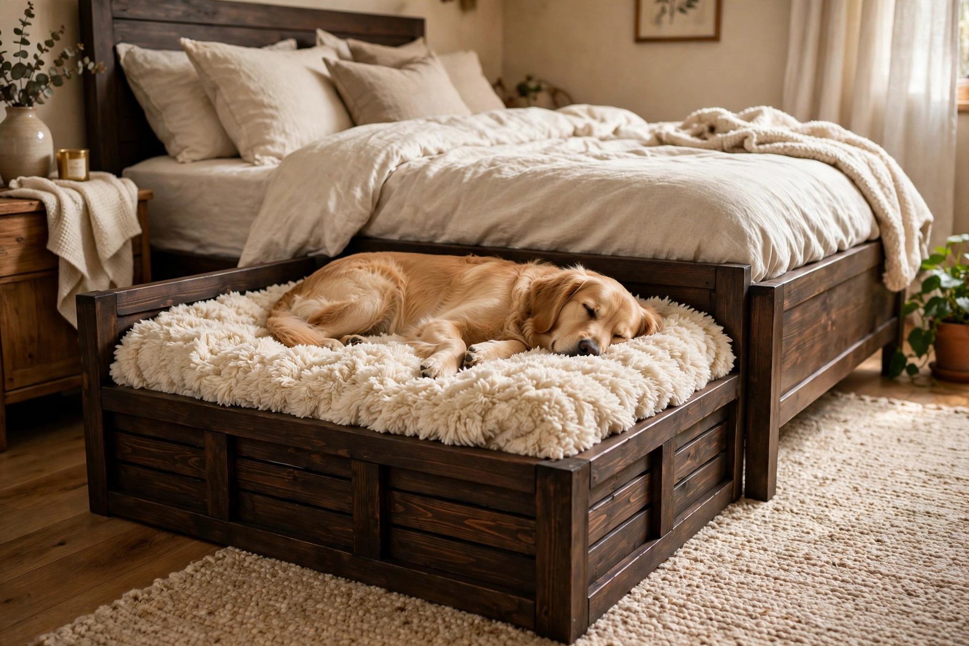 DIY dark wood bench dog bed at the foot of a bed with a cream blanket and a golden retriever
