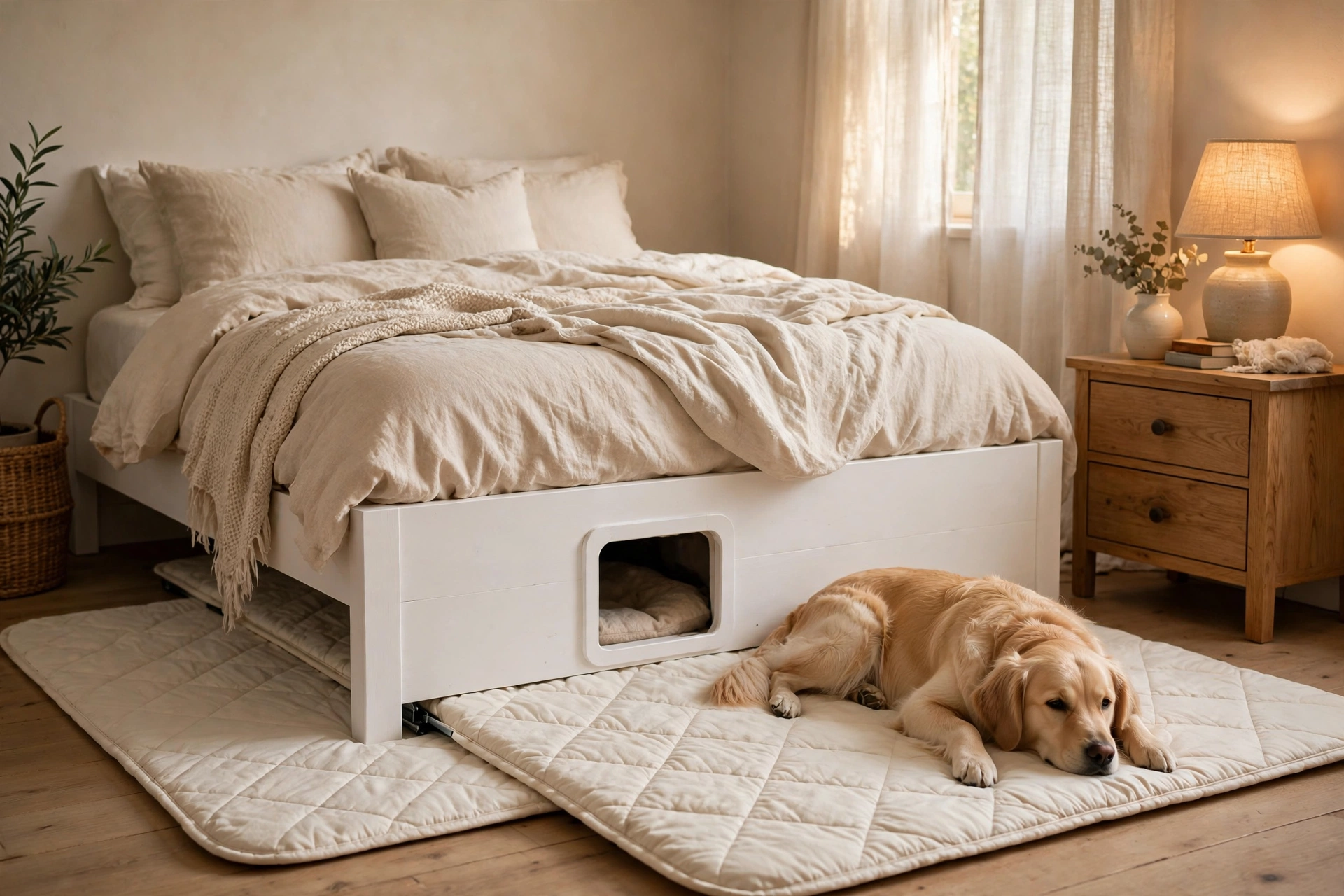 White platform bed with a dog den underneath and a quilted cream mat sliding out