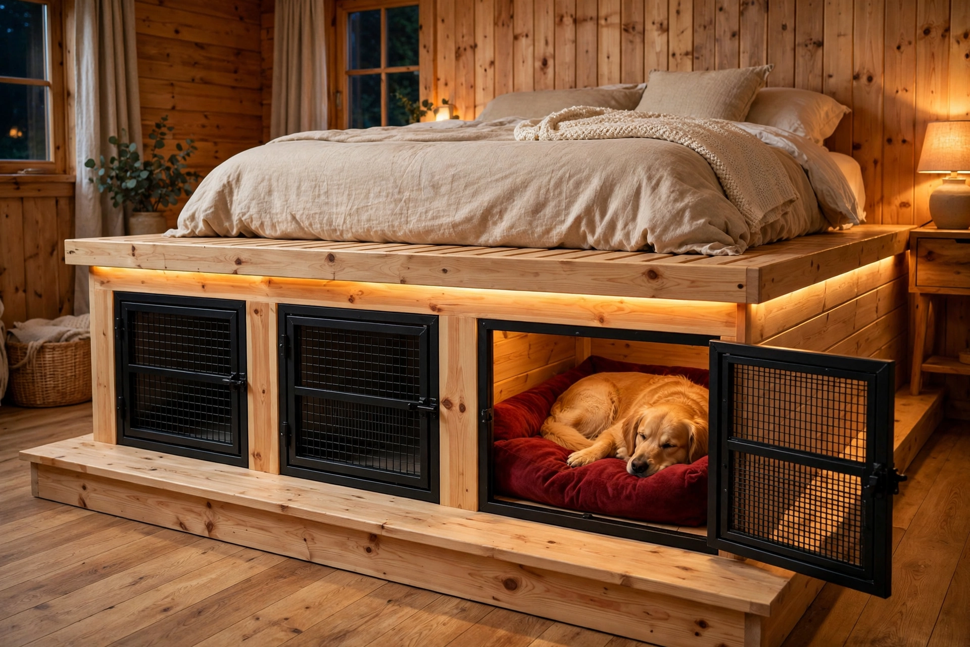 Raised pine platform bed with kennel-style bays underneath and a golden retriever inside one bay