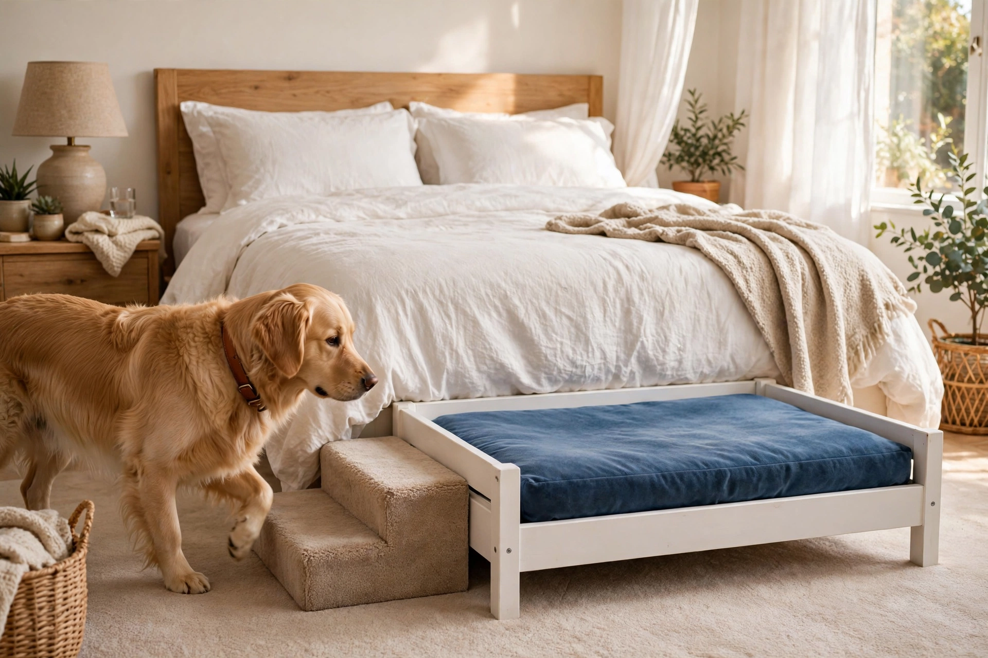 Low-profile white wooden dog bed frame at the foot of a bed with pet stairs beside it