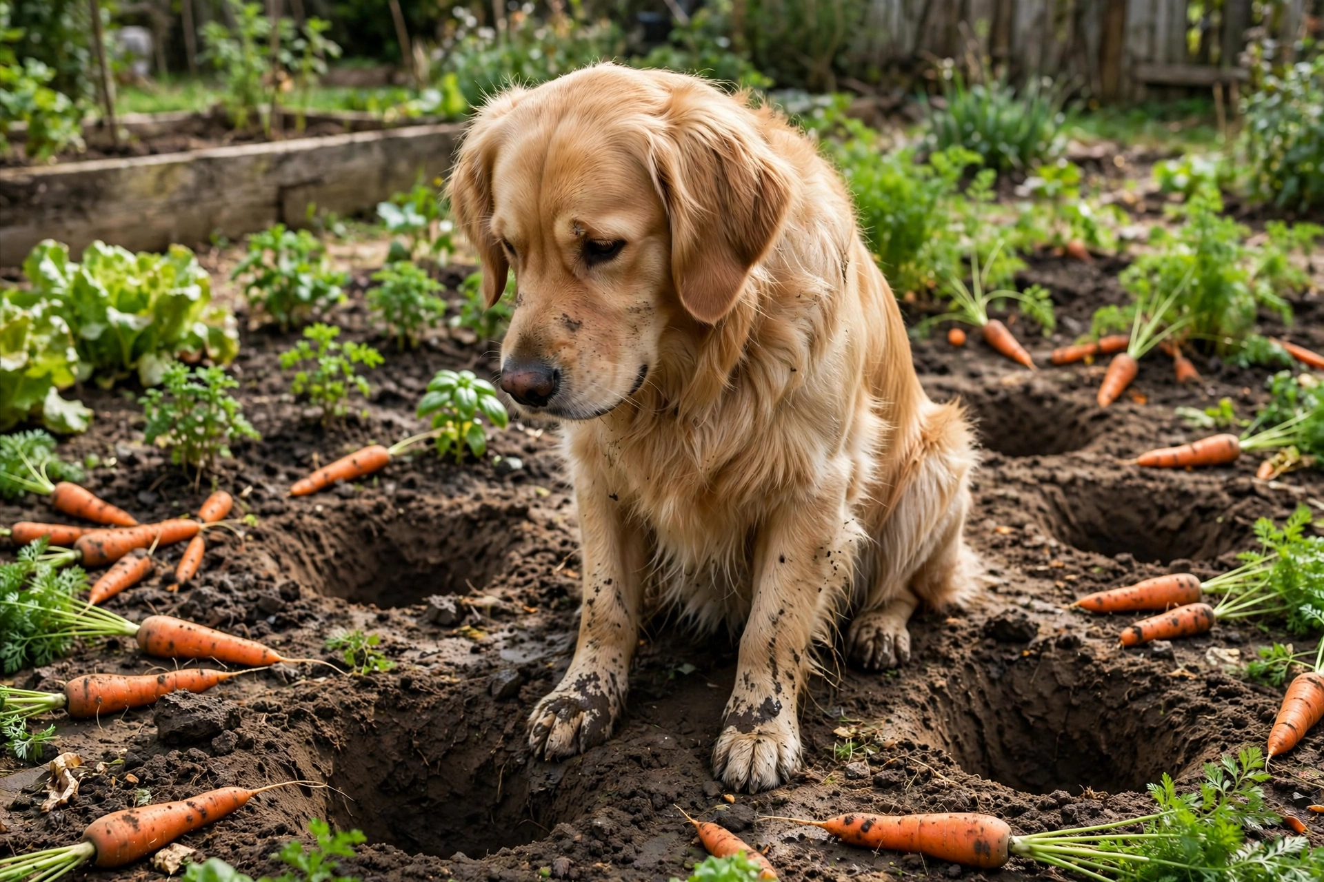 Guilty-looking golden retriever sitting in a vegetable garden next to dug-up holes with uprooted carrots