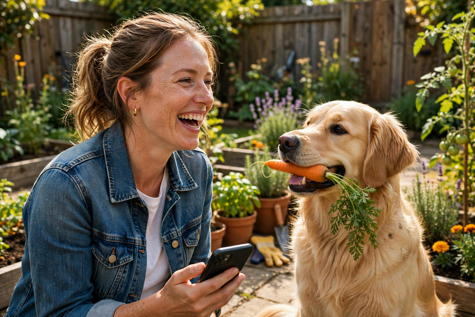 Cheerful dog owner laughing while watching their golden retriever hold a stolen carrot in a sunny garden