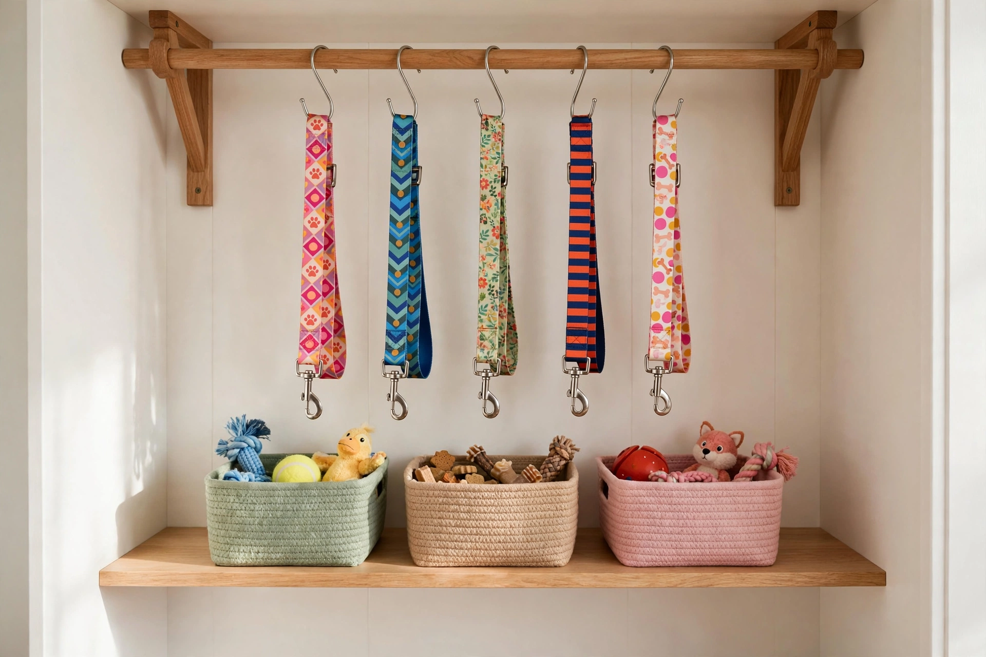 Closet wall with wooden dowel rod holding dog leashes on metal S-hooks