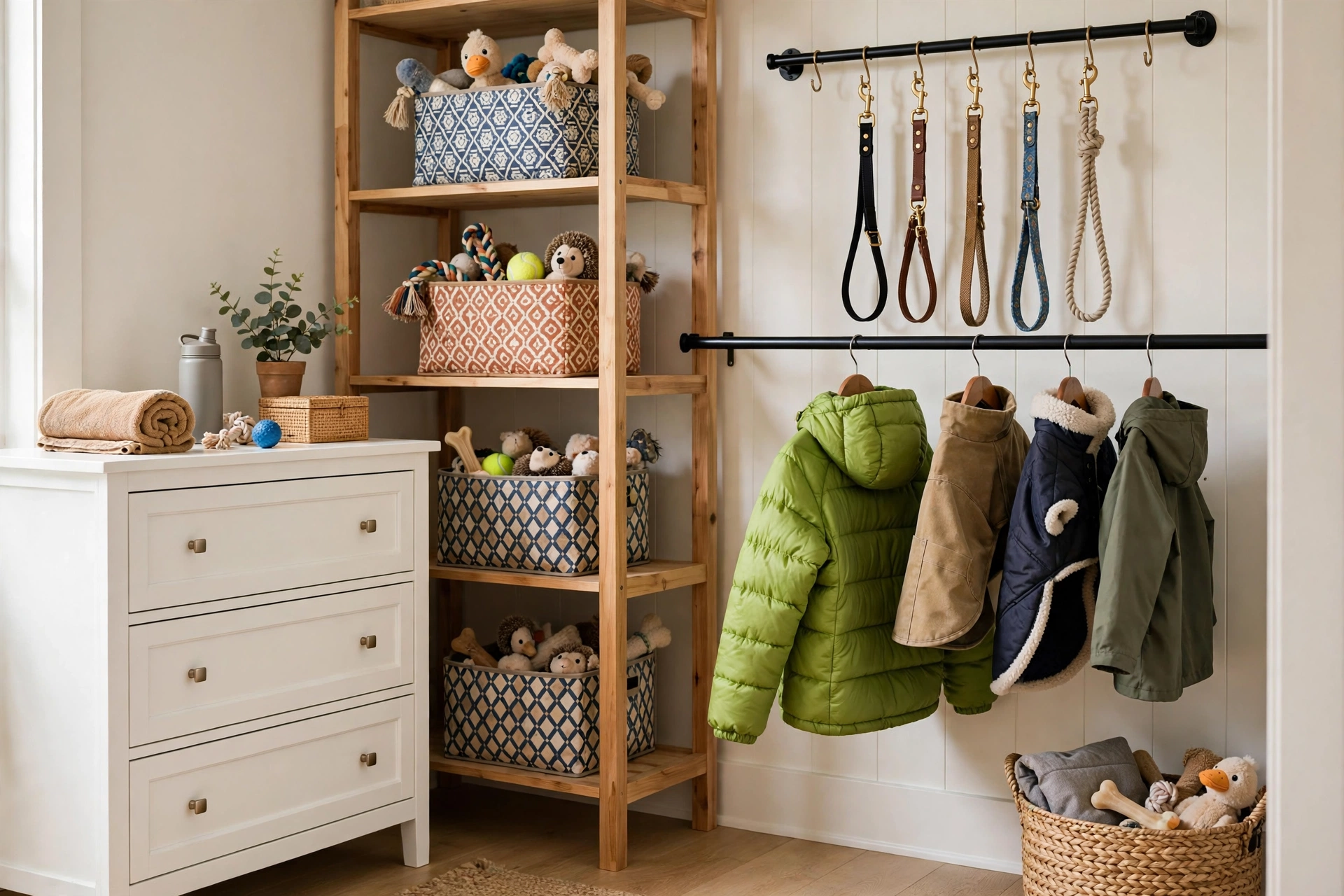 Complete dog closet command center with dresser, shelves, leash rods and dog coats