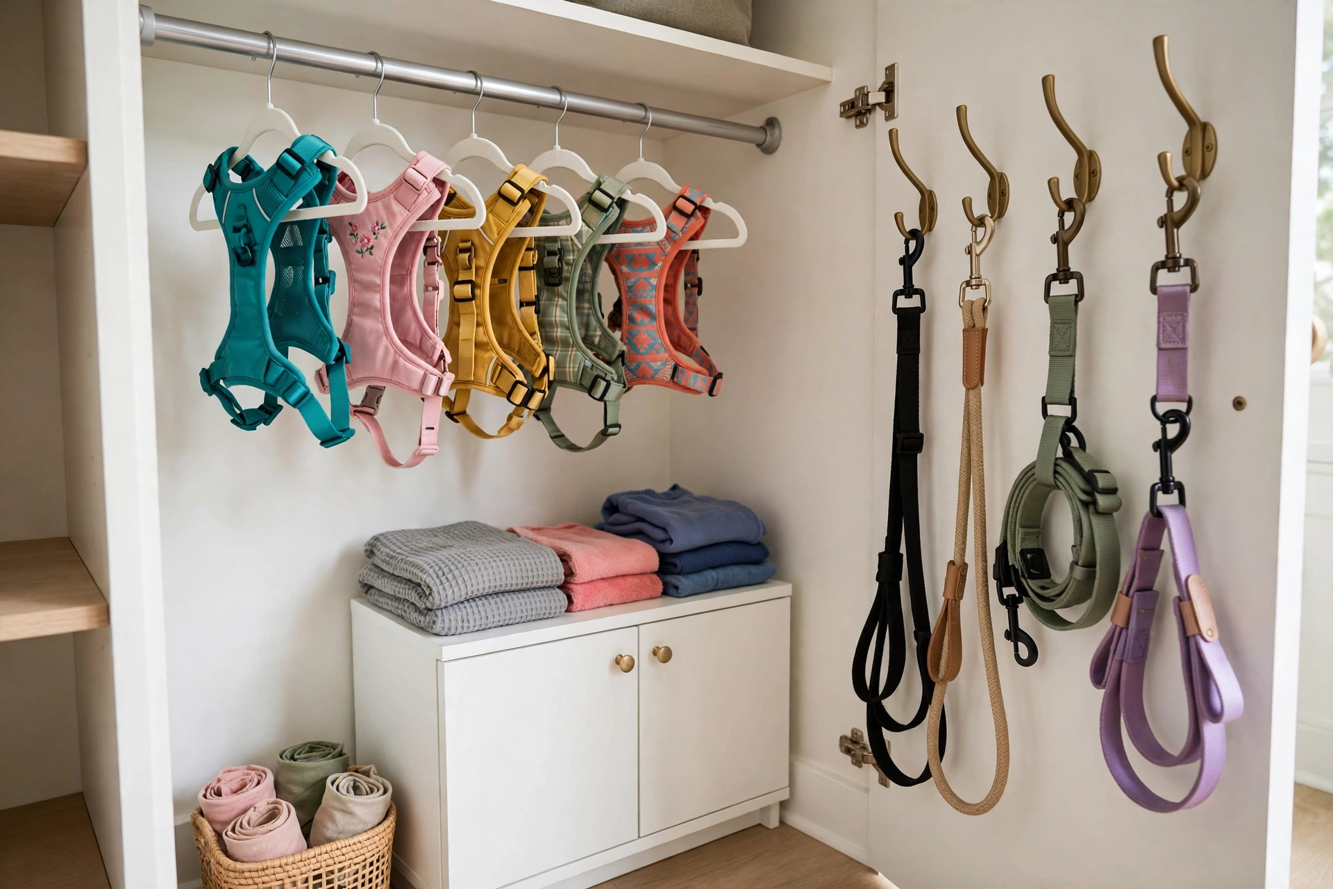 Closet with tension rod and dog harnesses on hangers plus leashes on door hooks