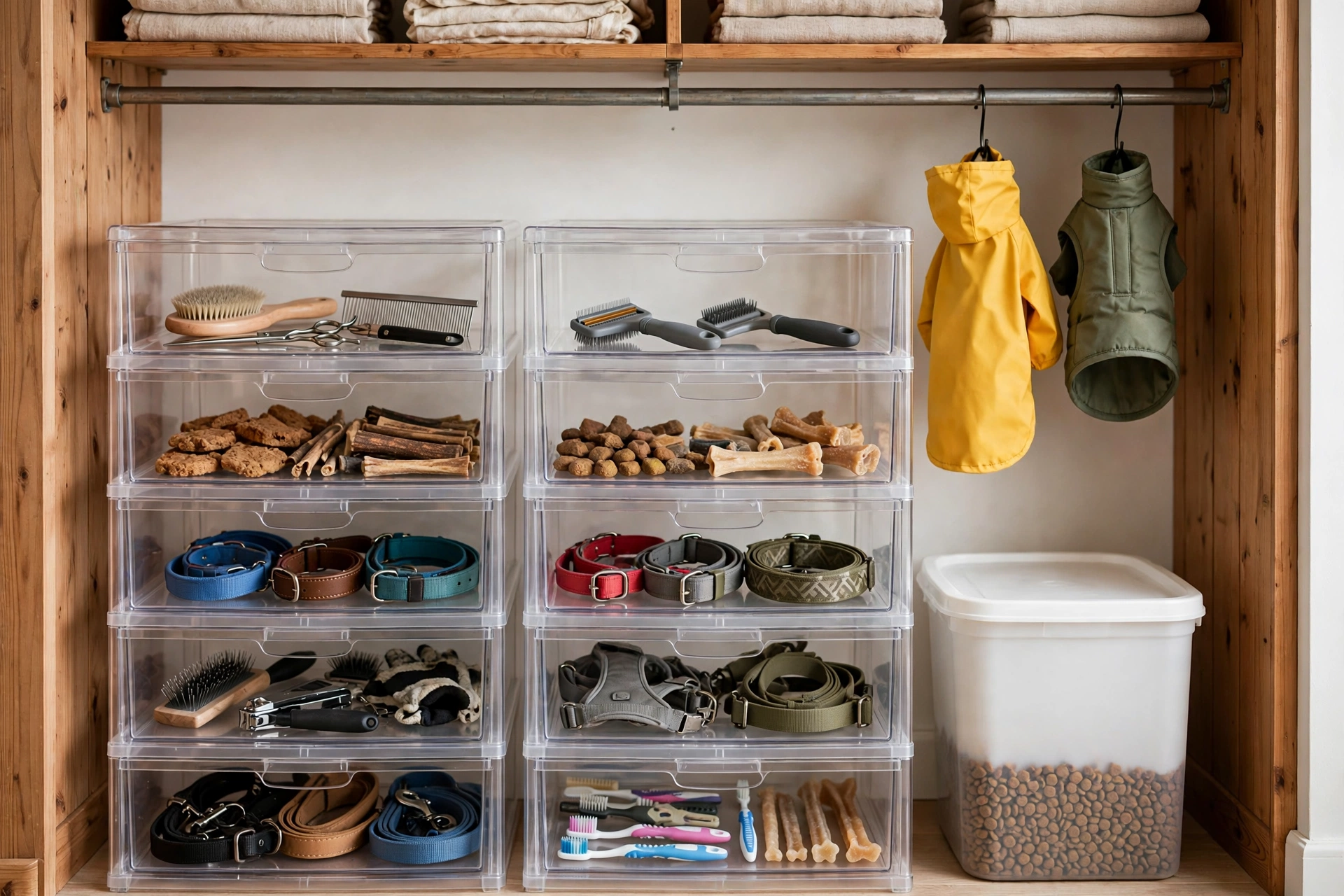 Closet with clear labeled drawer towers holding dog supplies and a kibble container
