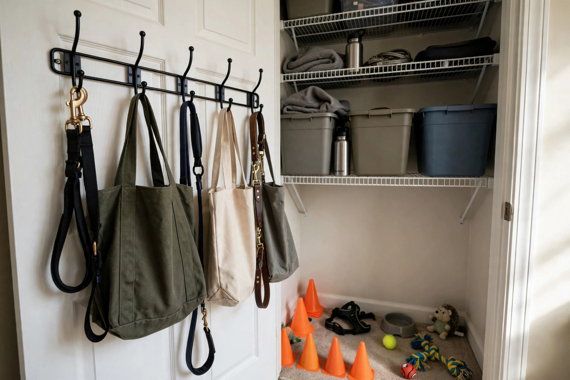 Over-the-door organizer with hooks holding dog leashes and bags in a closet