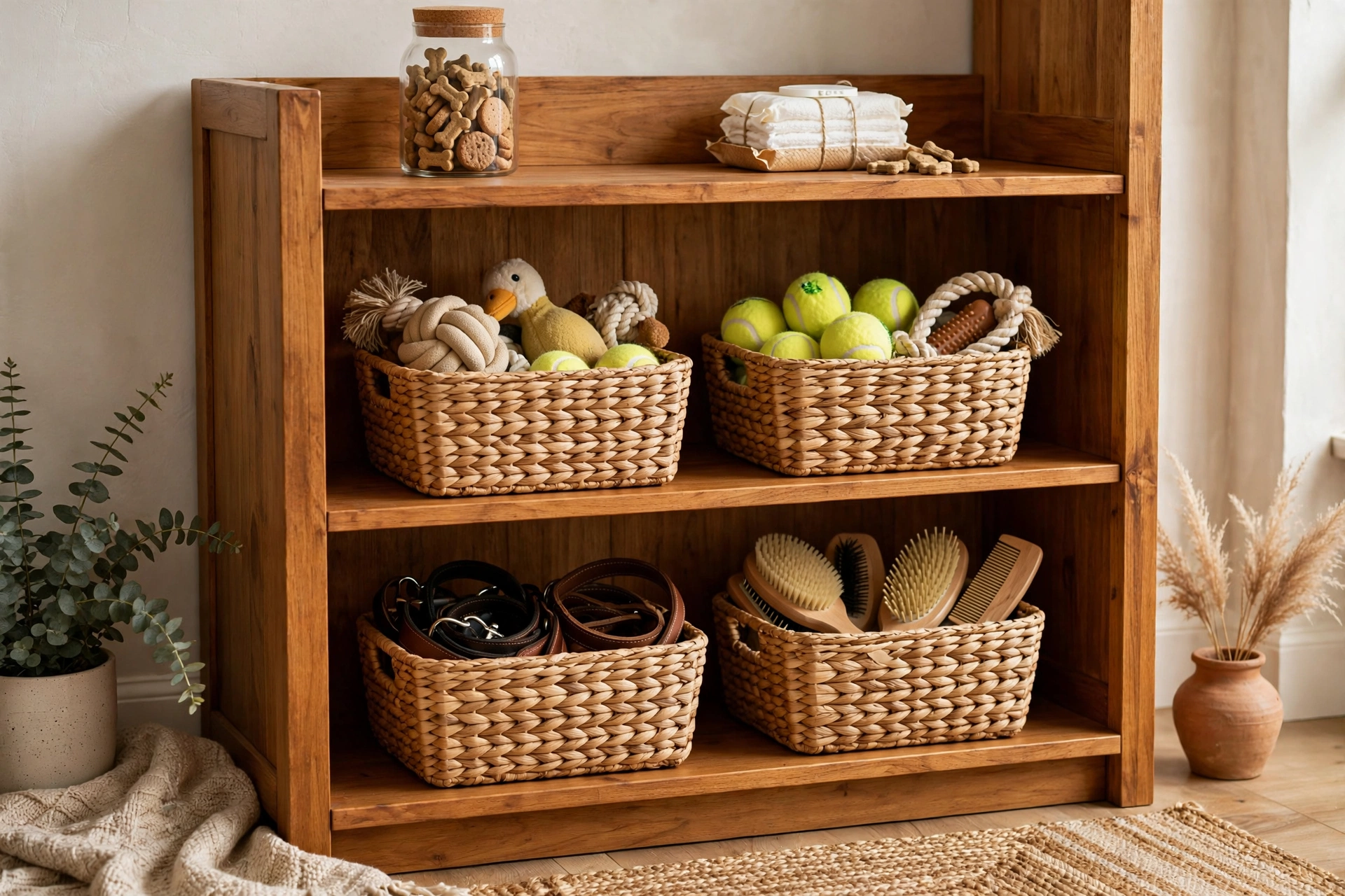 Wooden cabinet with woven wicker baskets holding dog toys, treats and leashes