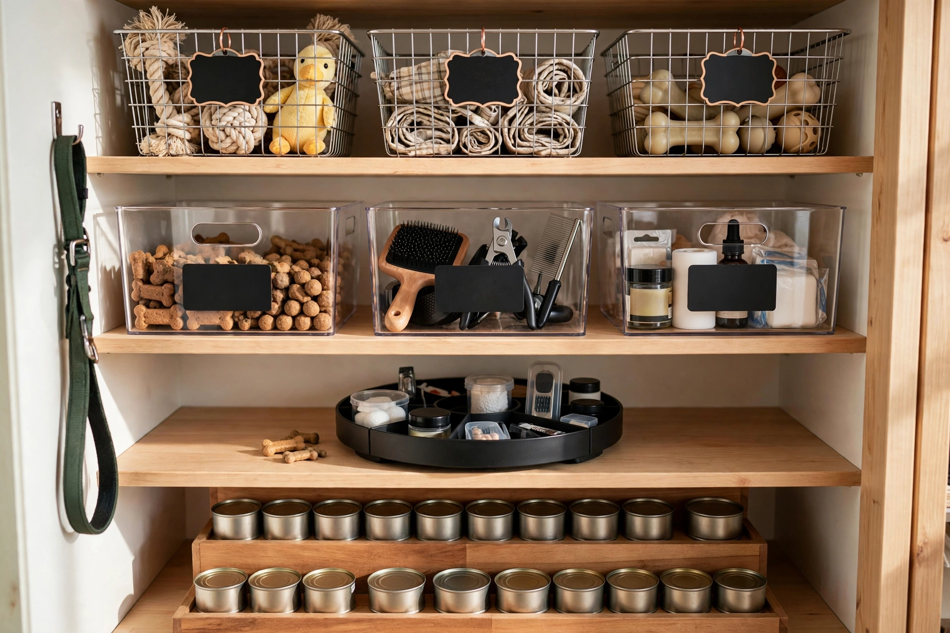 Closet shelf with chalkboard-labeled wire baskets and clear acrylic bins of dog treats