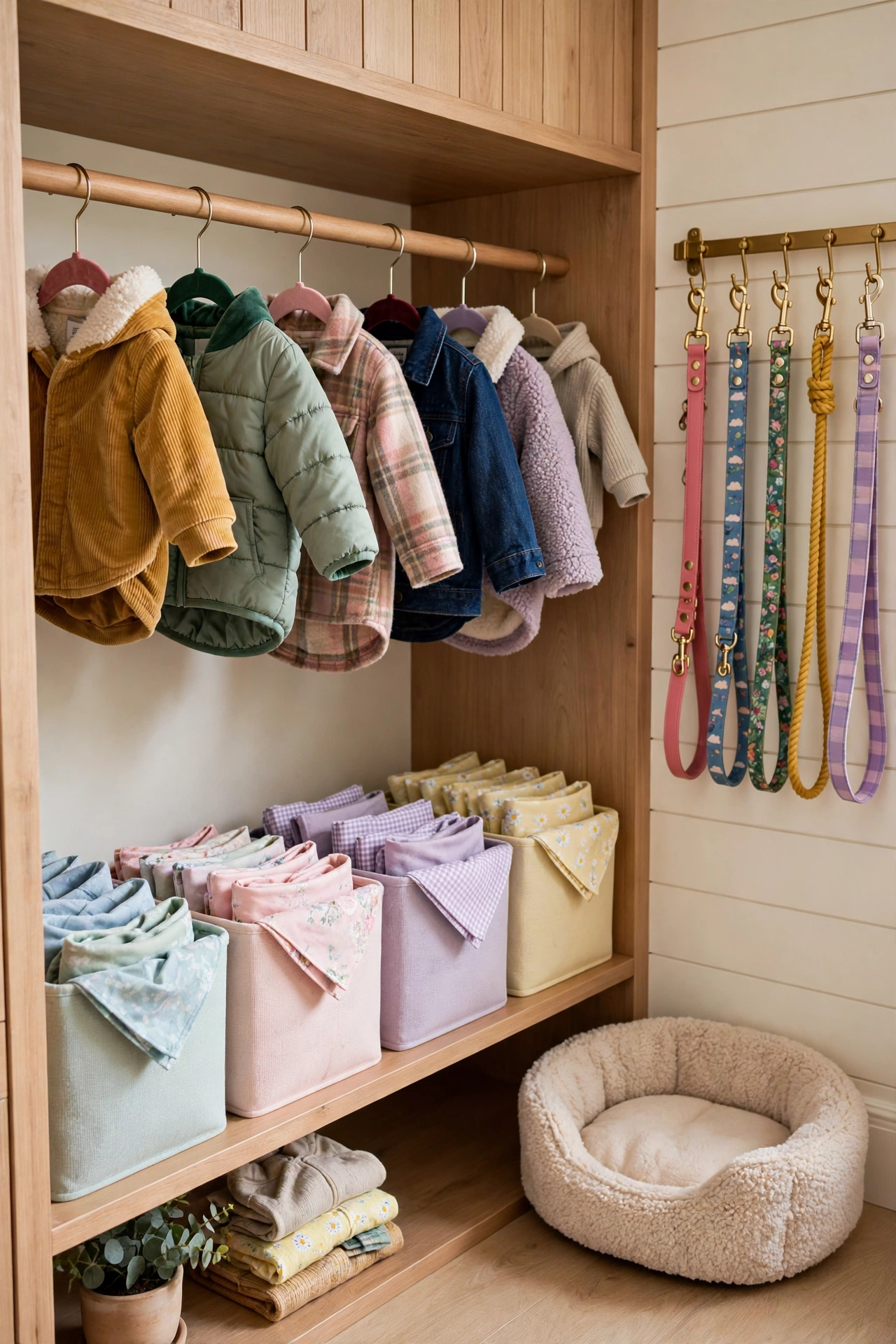 Dog wardrobe closet with tiny clothes on velvet hangers and leash display rail