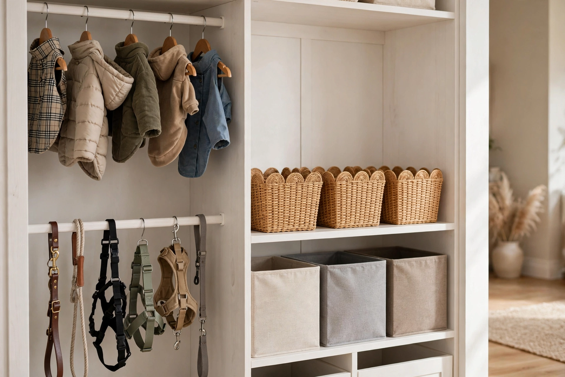 White closet organizer with double hanging rods and woven baskets for dog gear