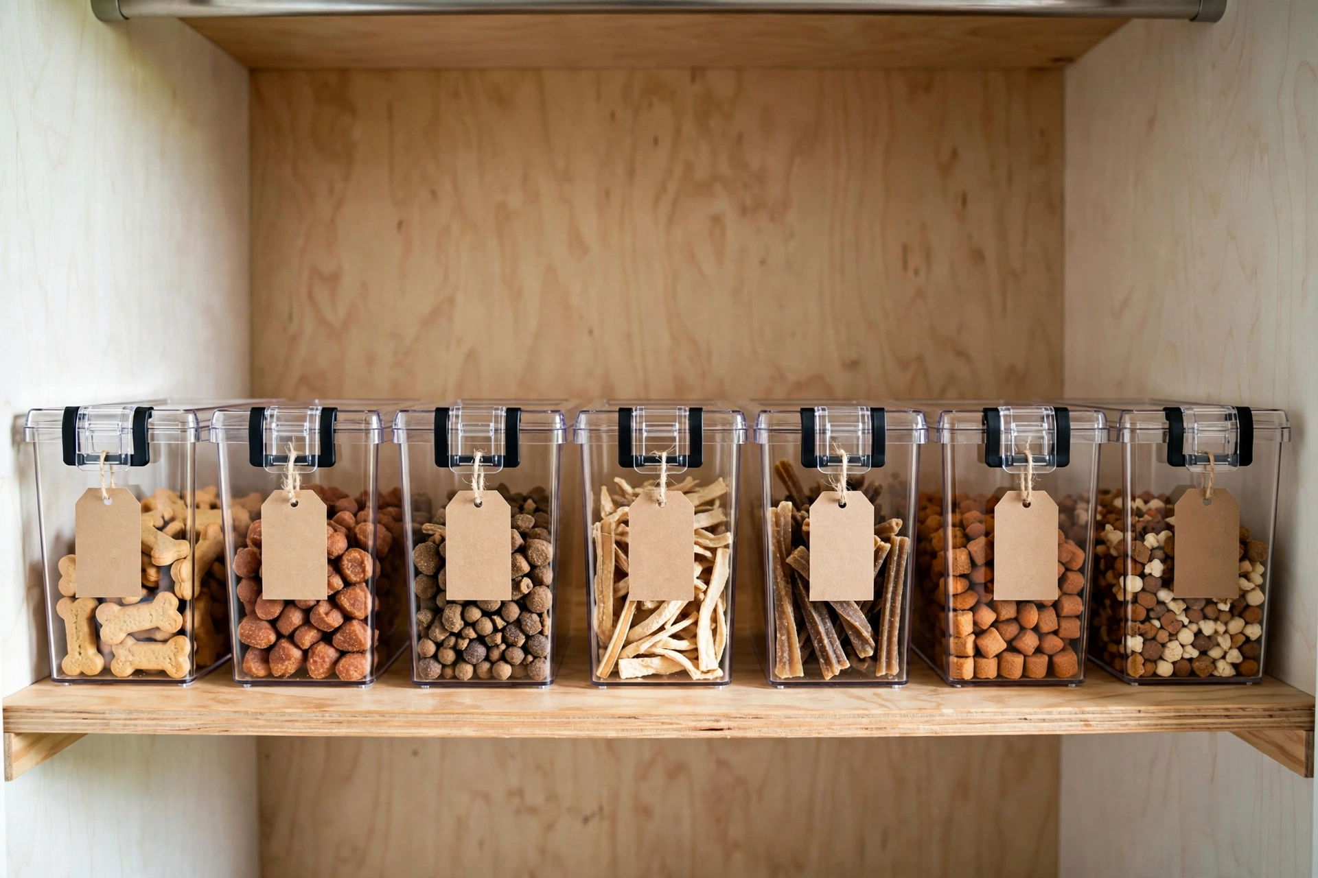 Closet shelf with clear acrylic bins holding different kinds of dog treats