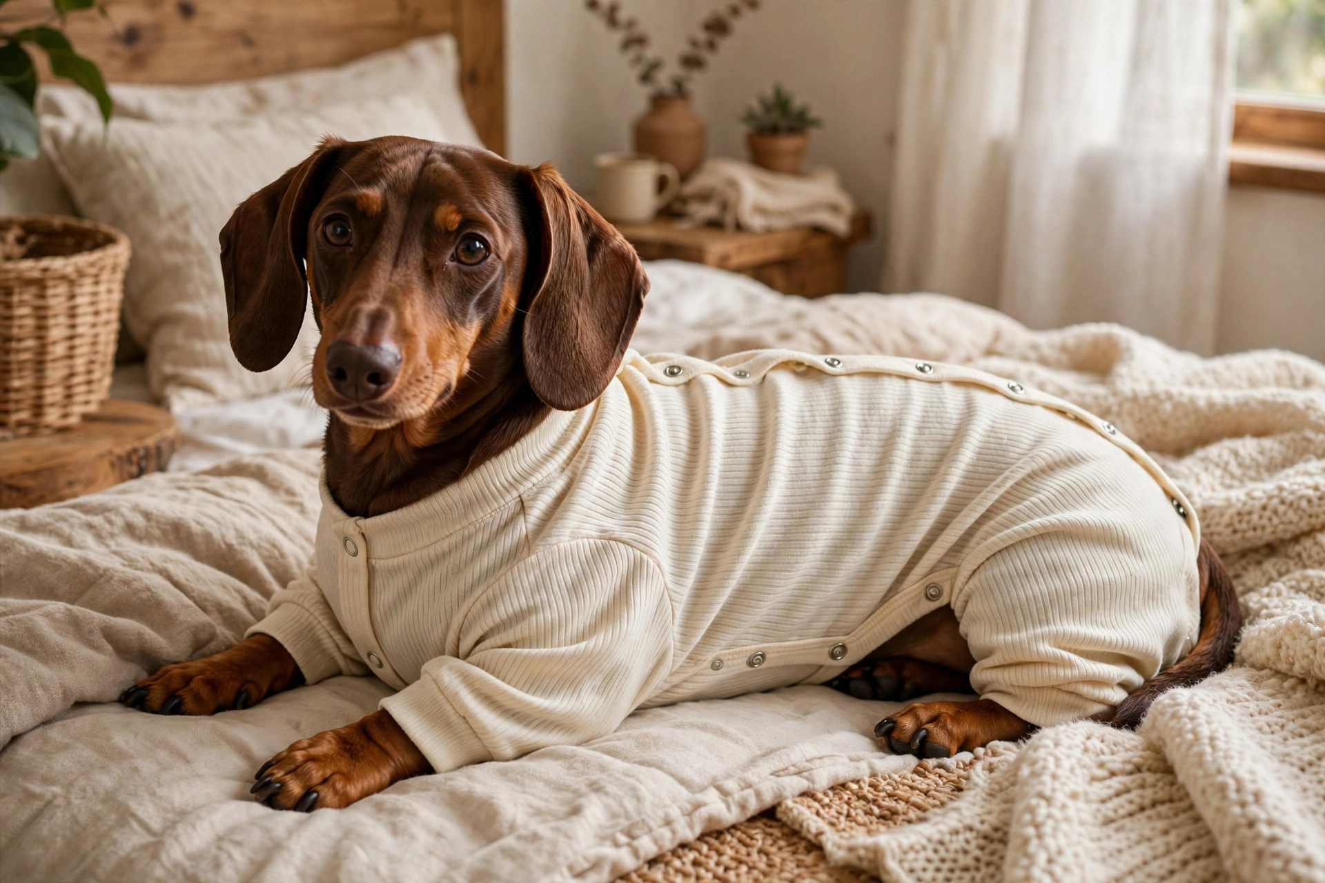 Dachshund wearing a baby onesie converted into dog pajamas