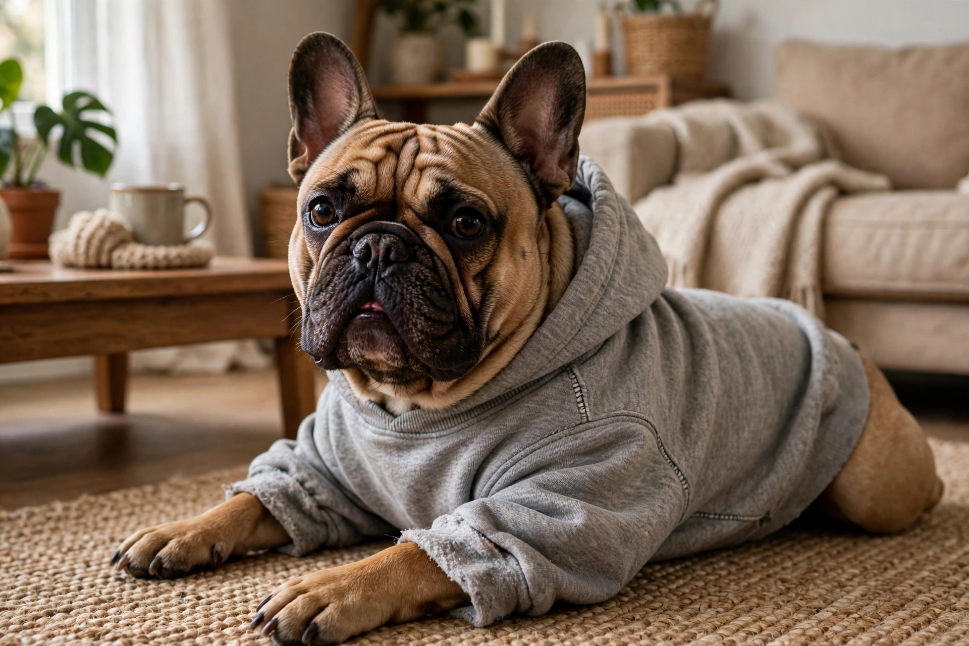 French bulldog wearing a hoodie made from a sweatshirt sleeve