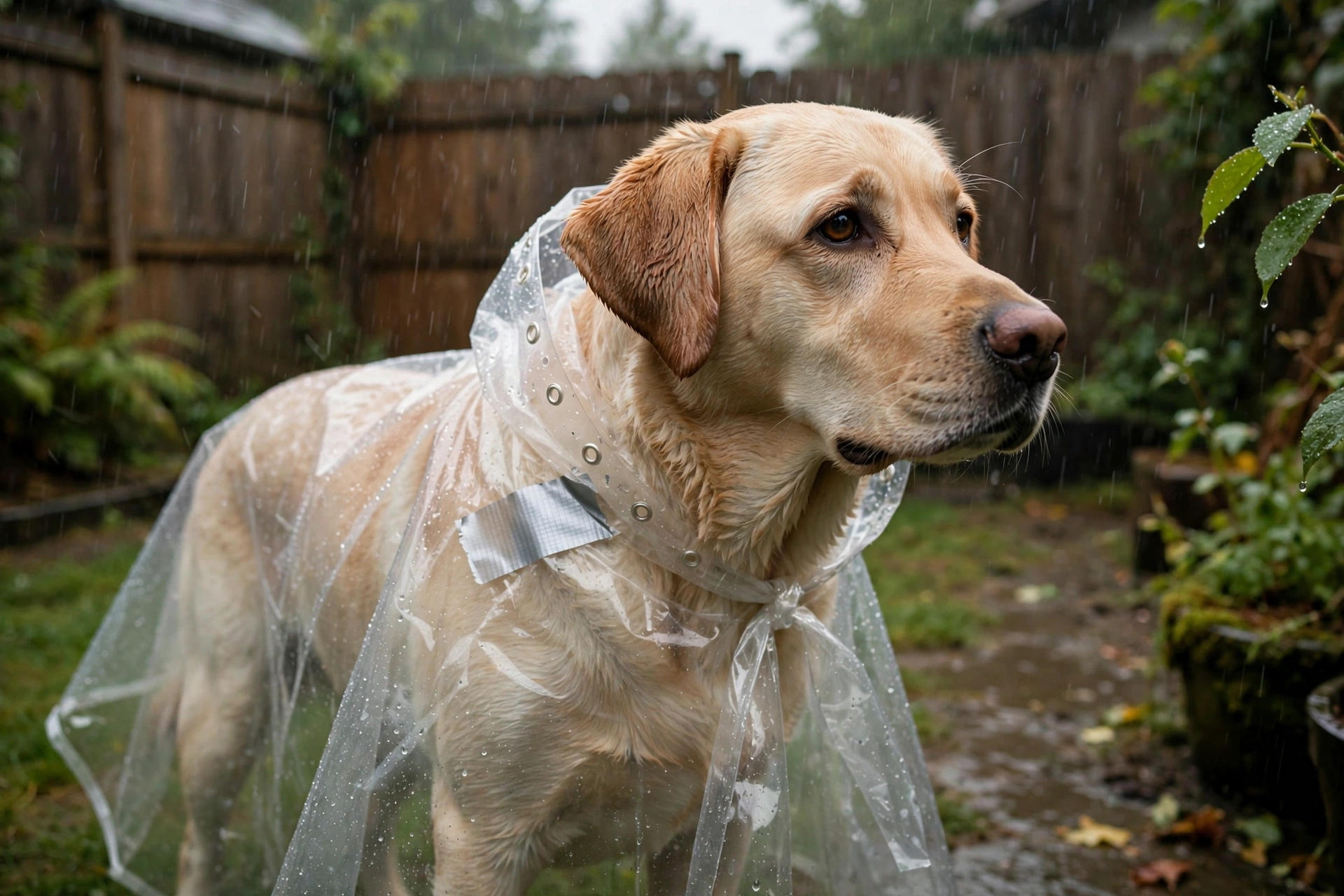 Labrador wearing a clear vinyl rain poncho made from a shower curtain
