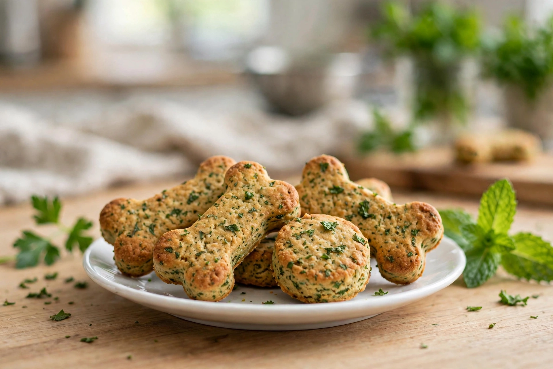Mint and parsley dog breath biscuits on a small white plate