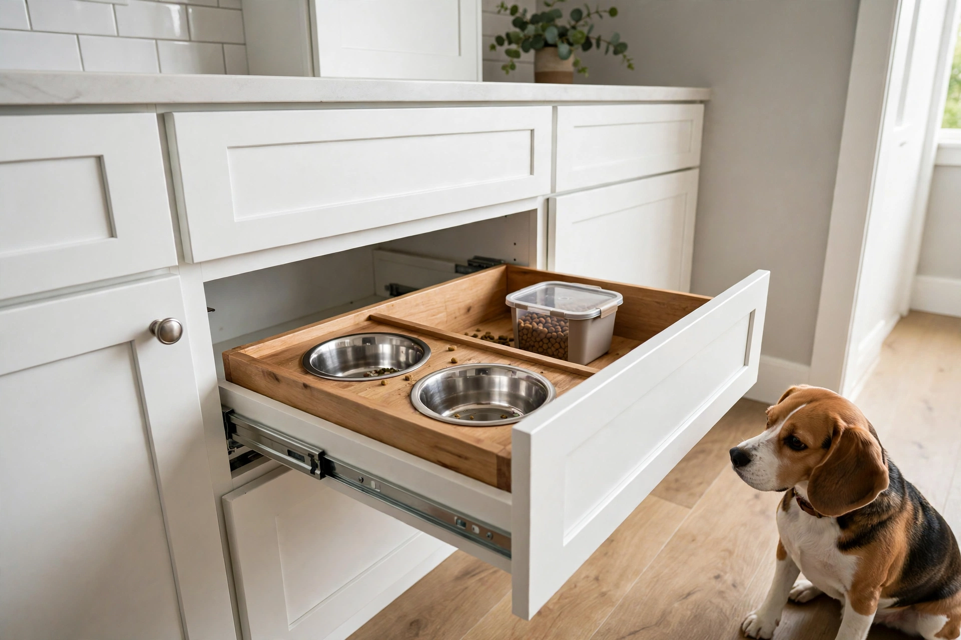 Kitchen cabinet drawer pulled out to reveal a hidden dog feeding station with two stainless steel bowls