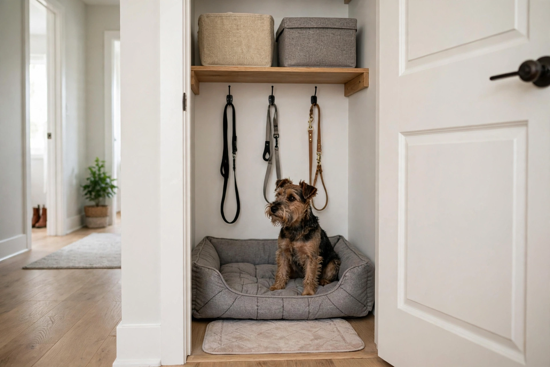 Hall closet converted into a small dog corner with bed, shelf, bins, and mat