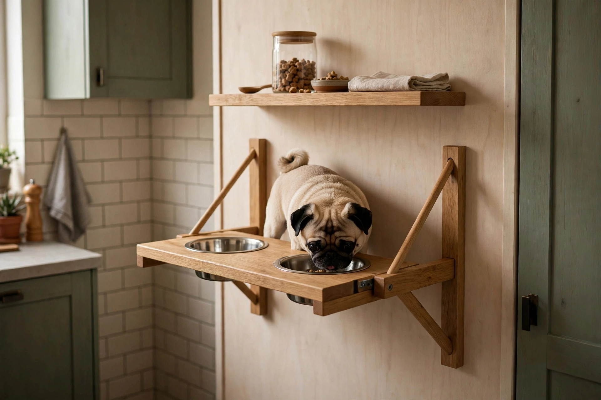Fold-down wall-mounted dog feeding station with wooden dowel brackets