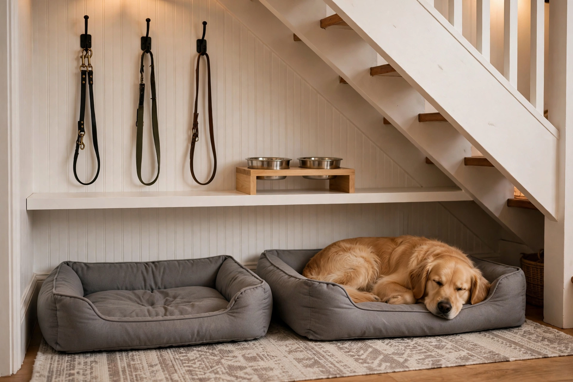 Under-stairs dog nook with two beds, floating shelf, hooks, and beadboard walls