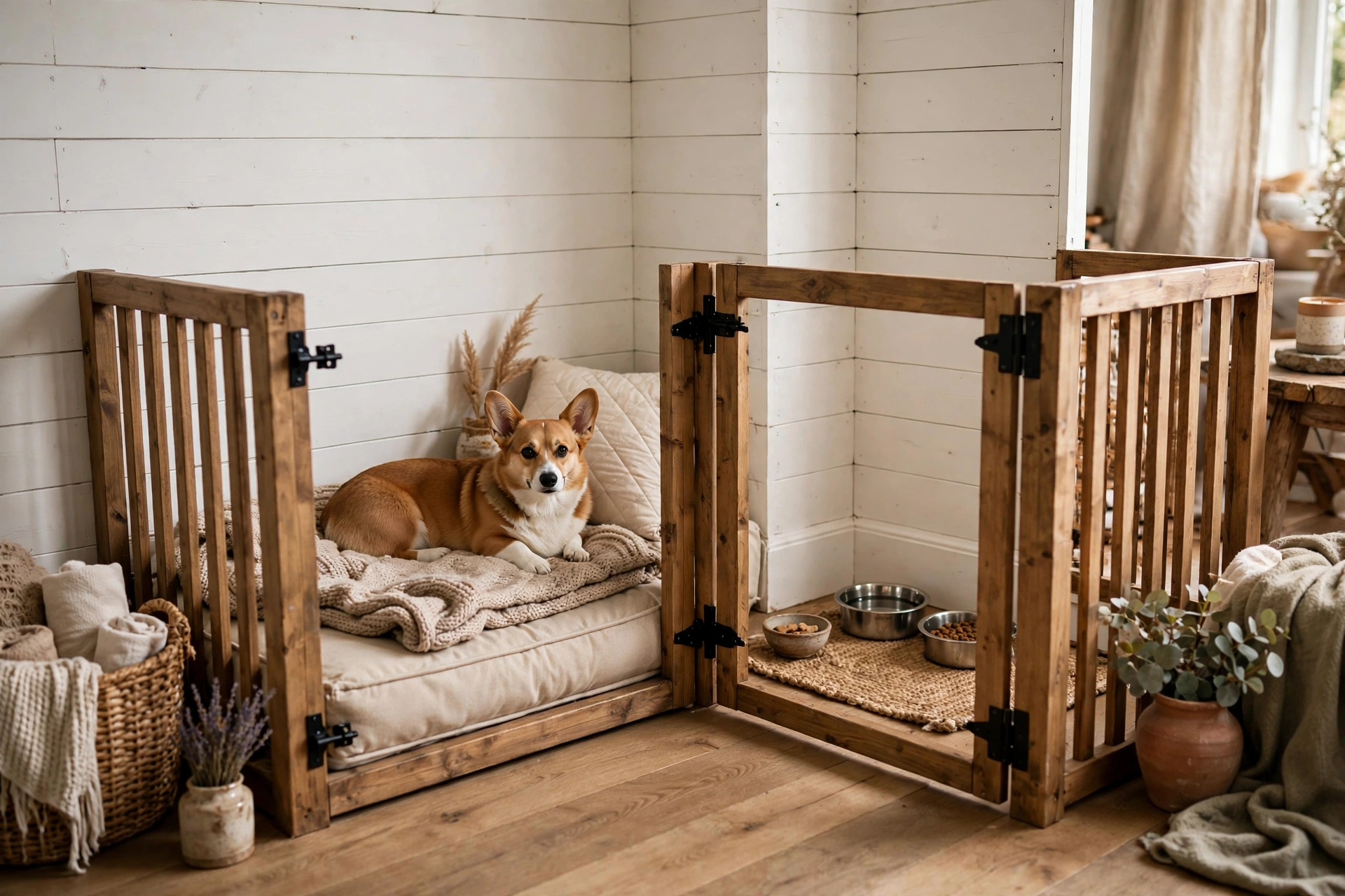 Built-in farmhouse corner dog kennel with white shiplap walls and two small gates