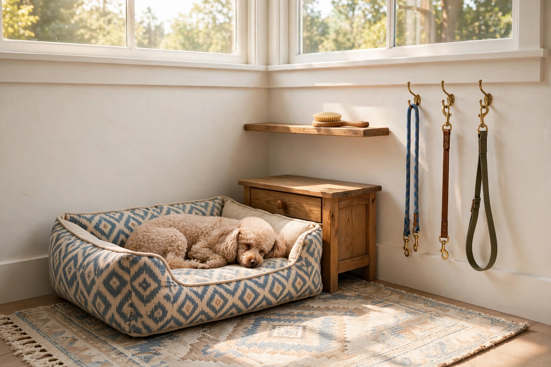 Under-window bedroom corner dog nook with patterned bed, side table, shelf, and rug