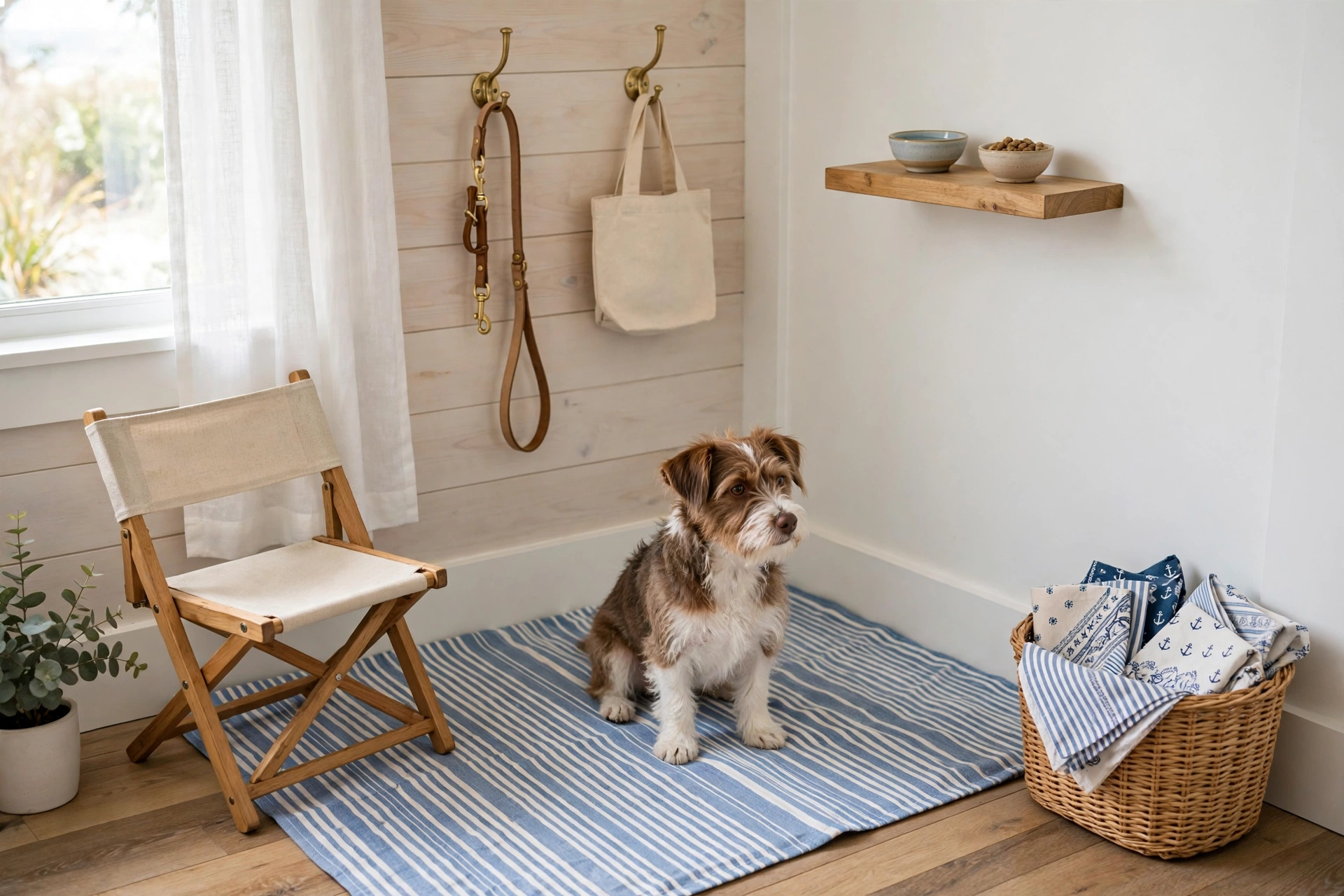 Coastal beach-style dog corner with striped mat, folding chair, brass hooks, and shelf