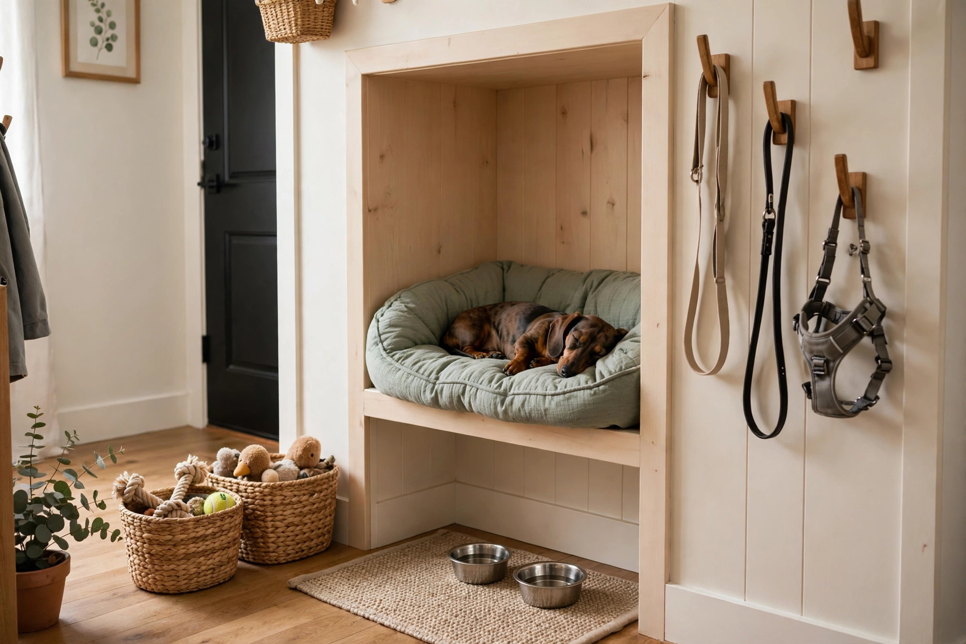 Entryway dog cubby station with built-in bed, hooks, bowls, and toy baskets