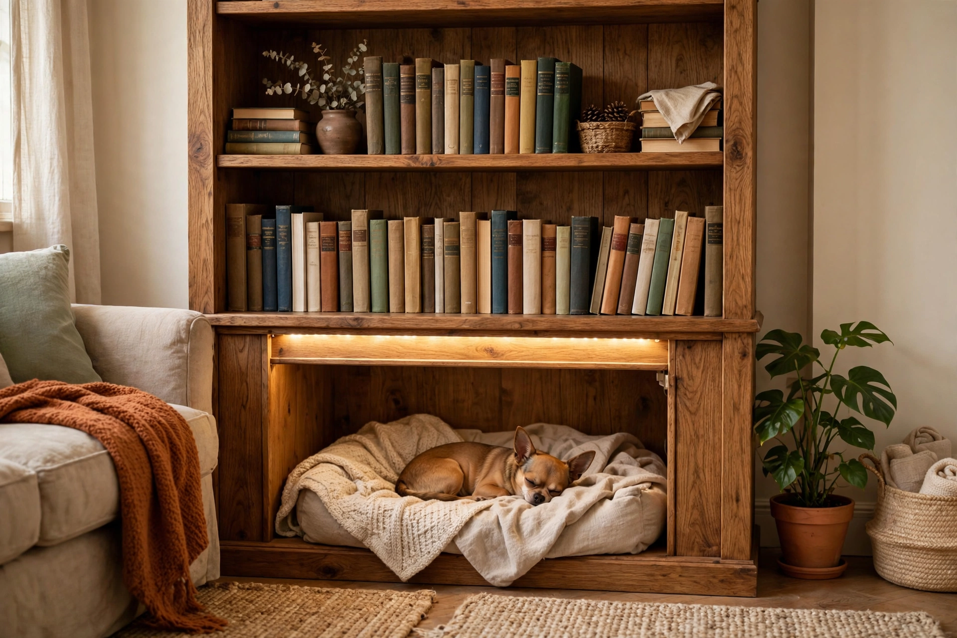 Bookshelf converted into a cozy dog hideaway nook with LED strip lighting
