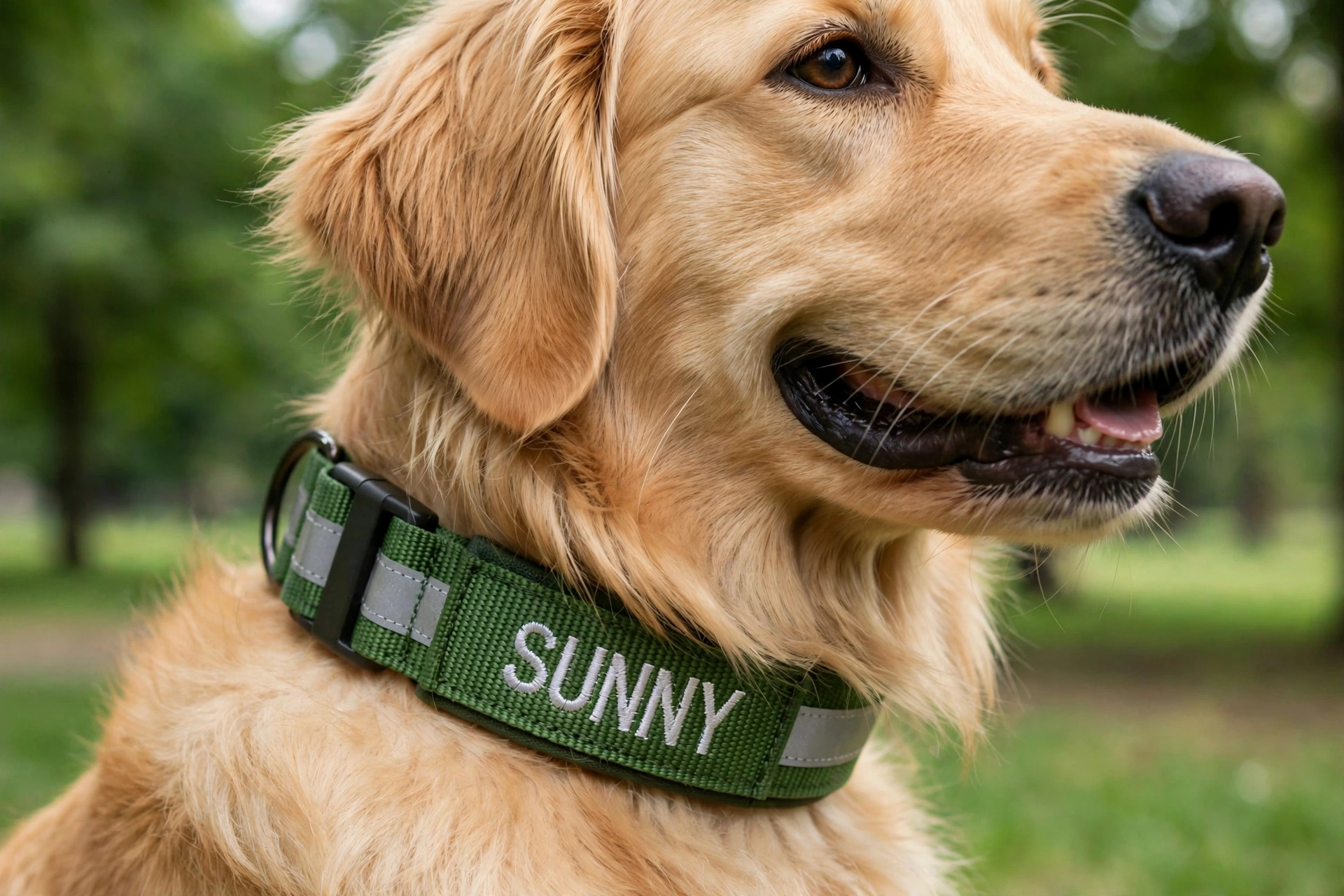 Golden retriever wearing a green reflective dog collar with embroidered name