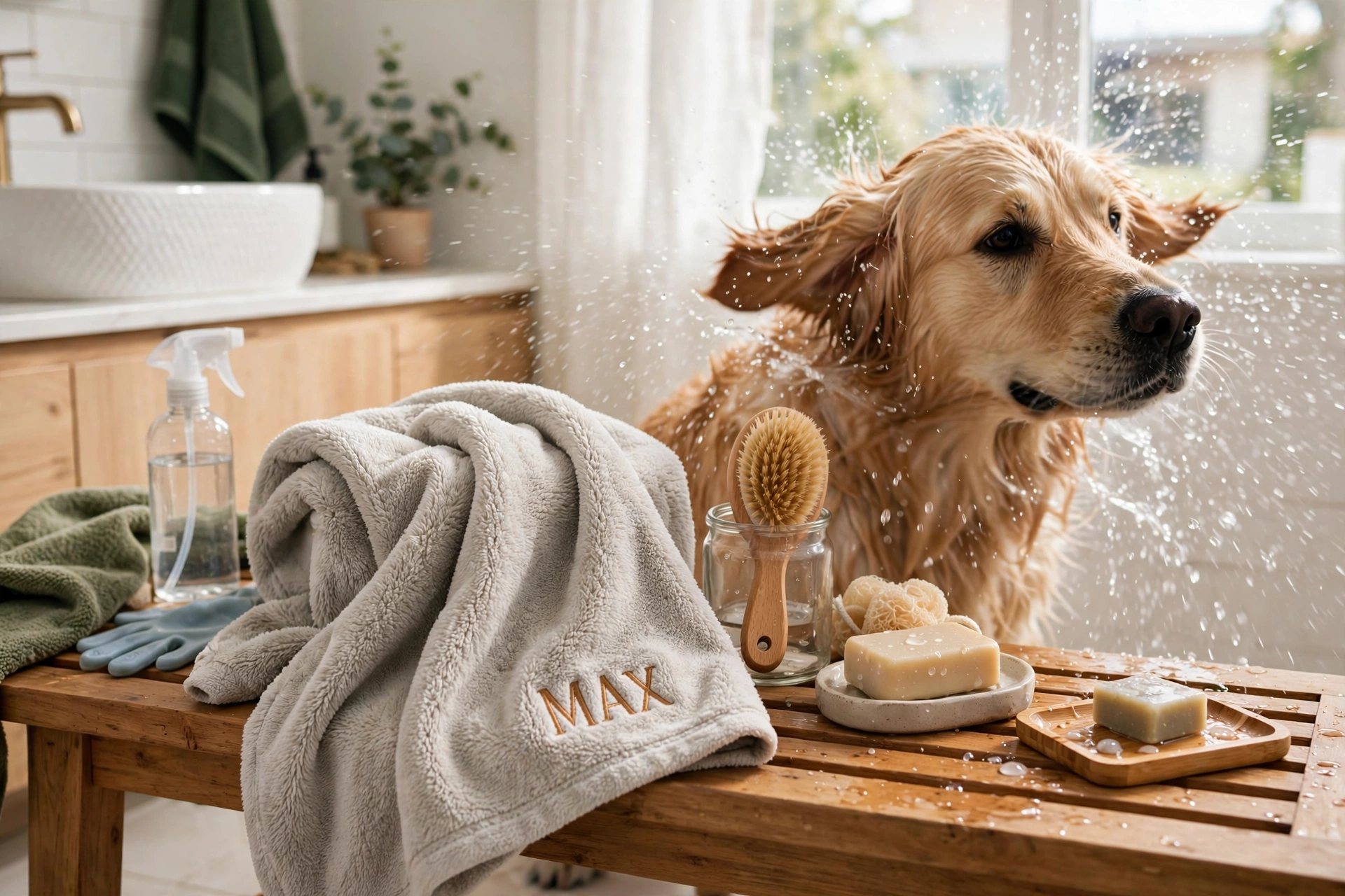 Microfiber dog towel with embroidered name beside a wet golden retriever