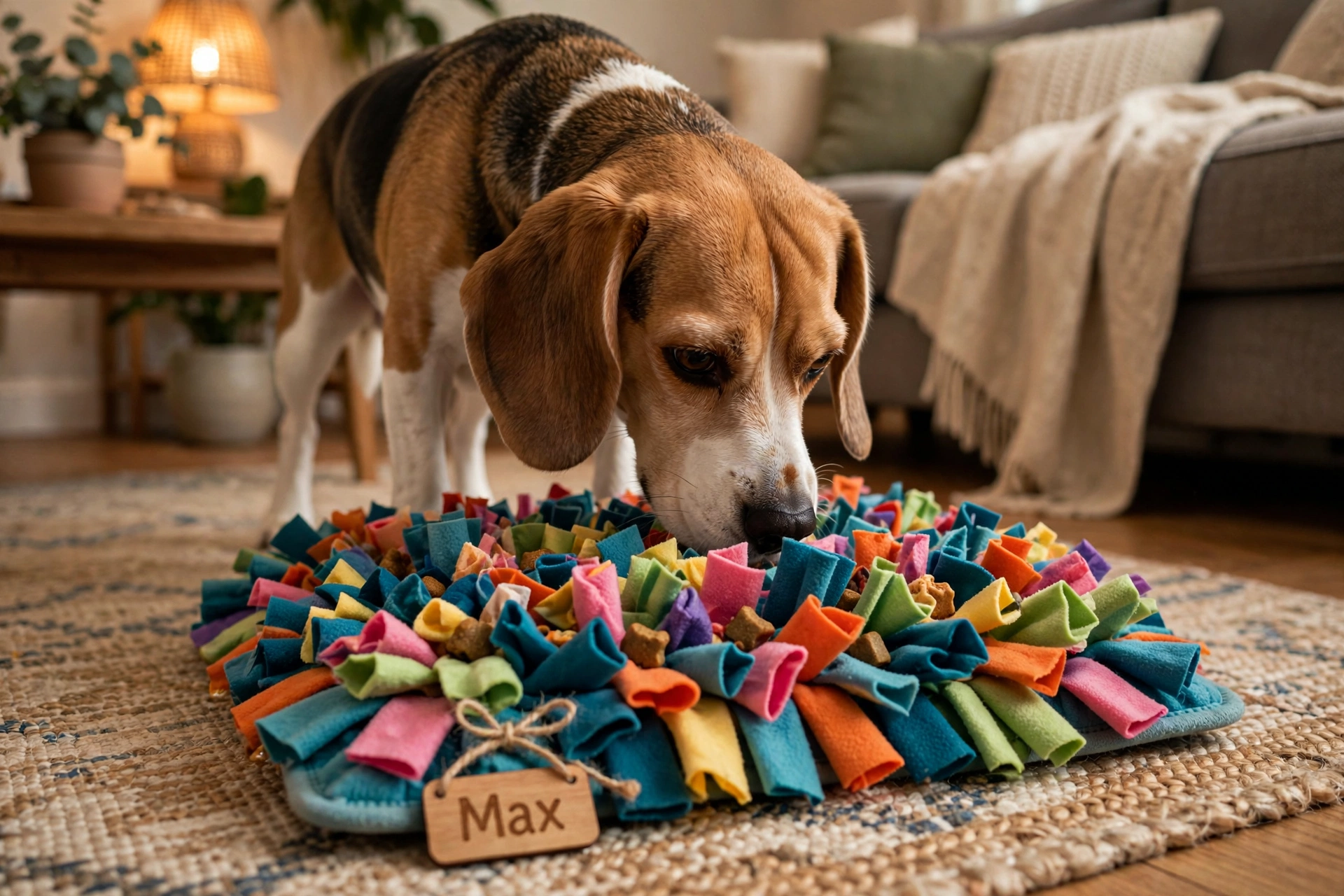 Beagle sniffing through a snuffle mat with a wooden name tag attached