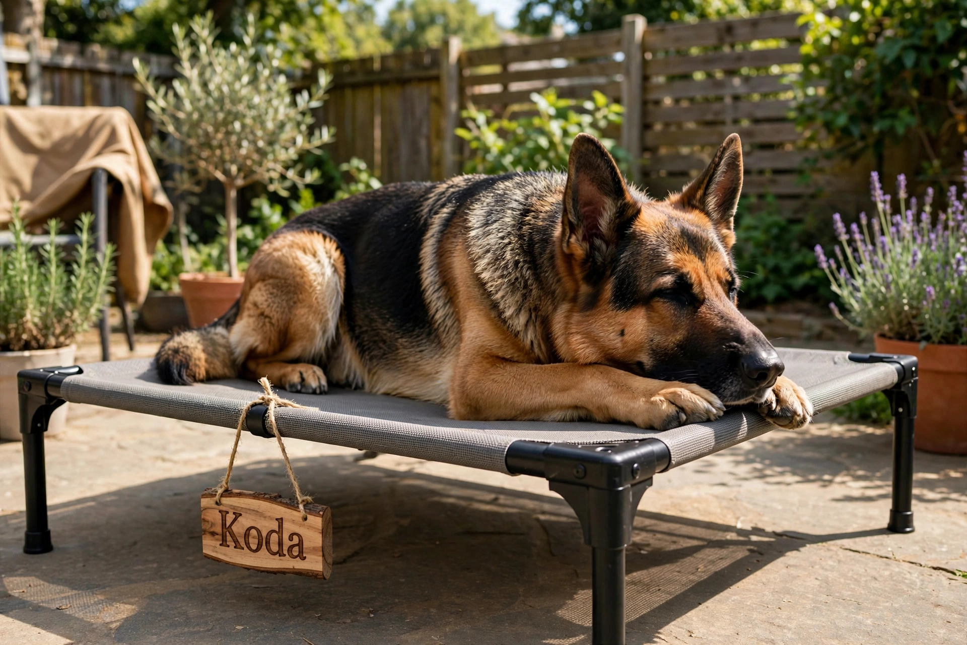 German shepherd relaxing on an elevated cot bed with a wooden name tag on a patio