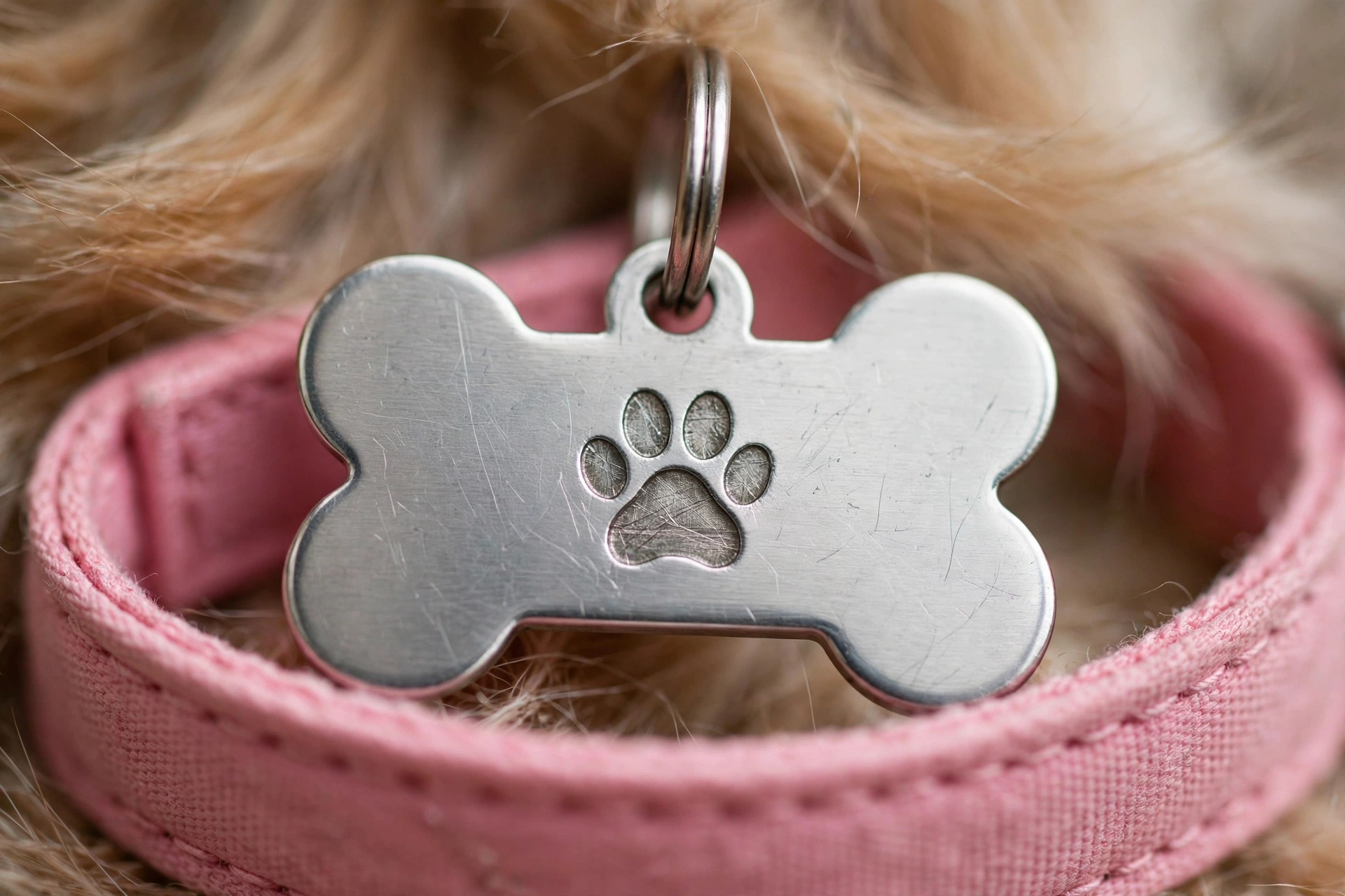 Bone-shaped engraved dog ID tag with paw print icon on a pink collar
