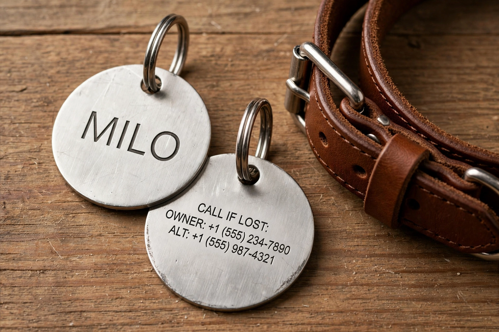 Two stainless steel engraved pet ID tags with name and contact lines on a wooden table