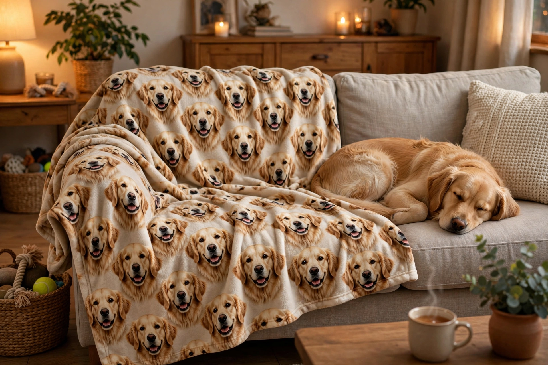Fleece blanket printed with a golden retriever's face draped over a couch