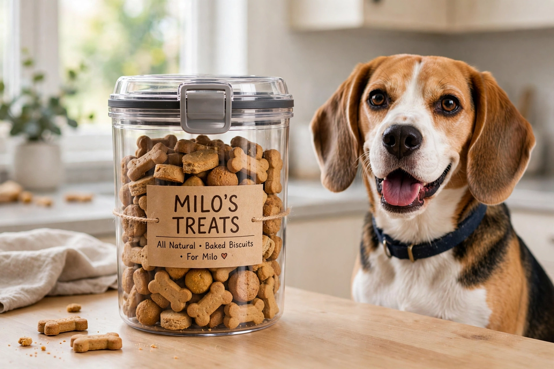 Clear treat container with custom dog name label filled with biscuits