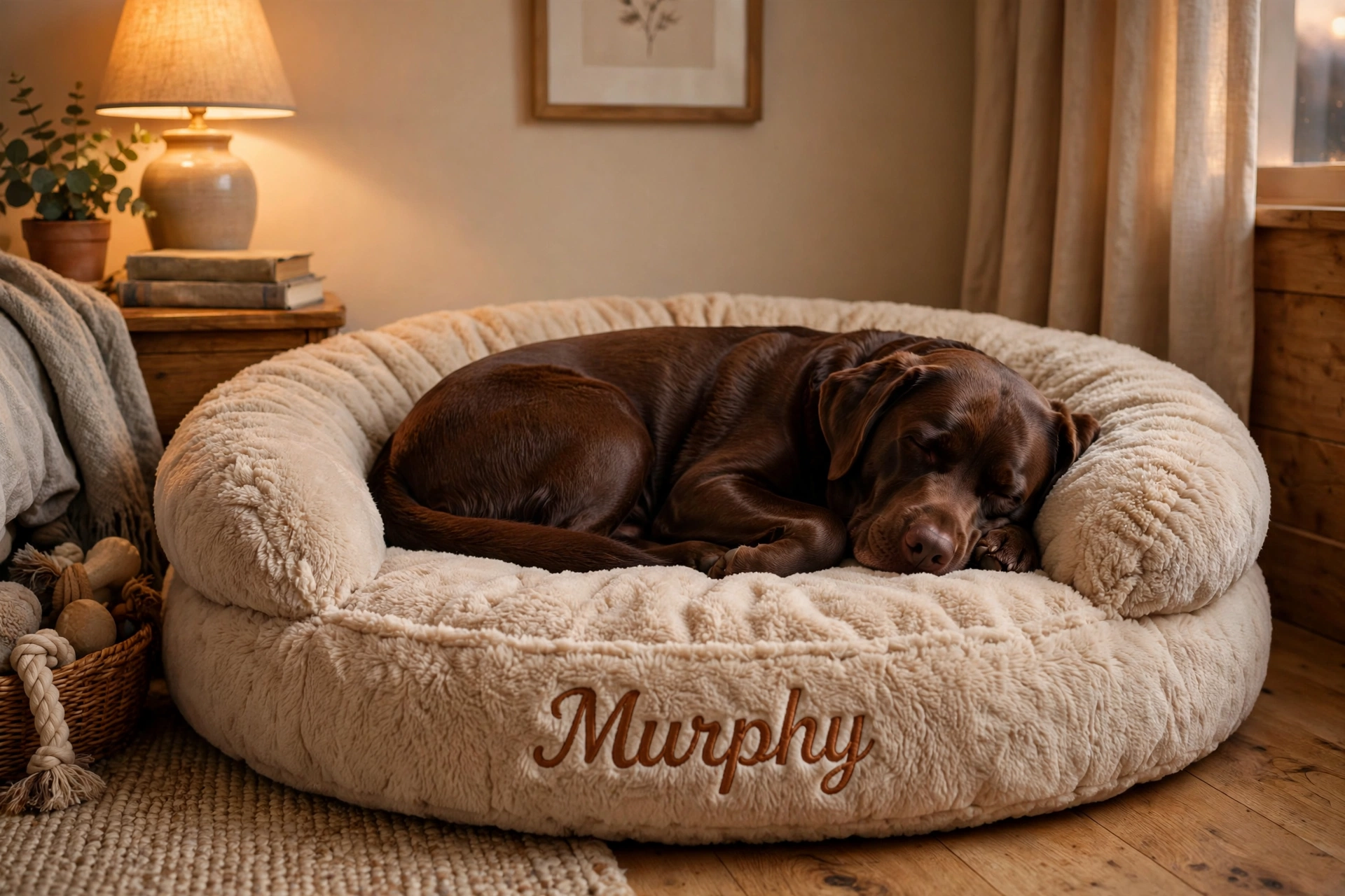 Plush bolster dog bed with embroidered name and a sleeping chocolate labrador