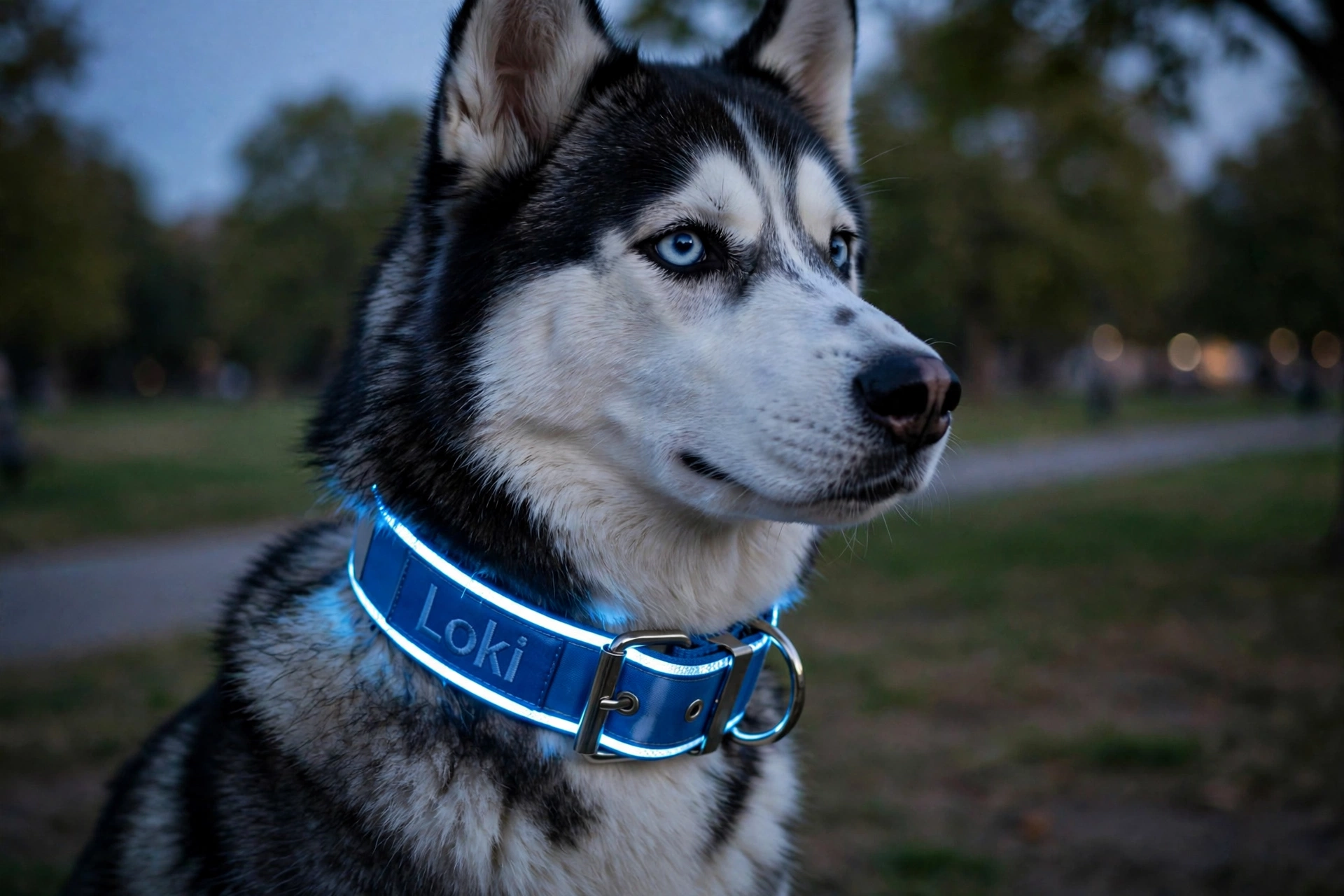 Husky wearing a blue reflective personalized collar with metal buckle at dusk