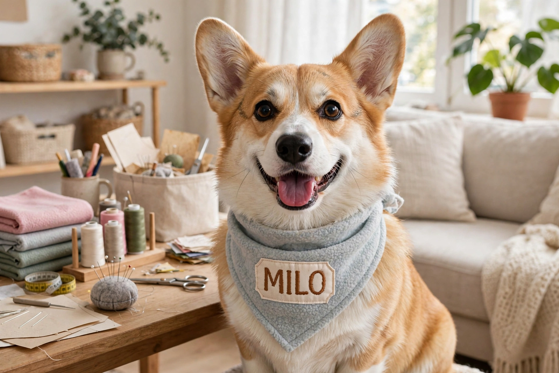 Corgi wearing a handmade fleece bandana with an iron-on name patch