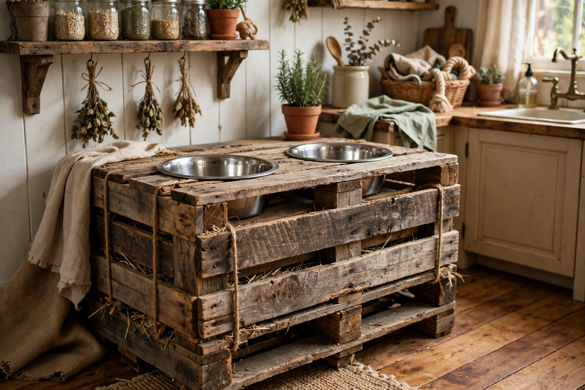 DIY dog feeding station made from a reclaimed wooden pallet crate with two metal bowls