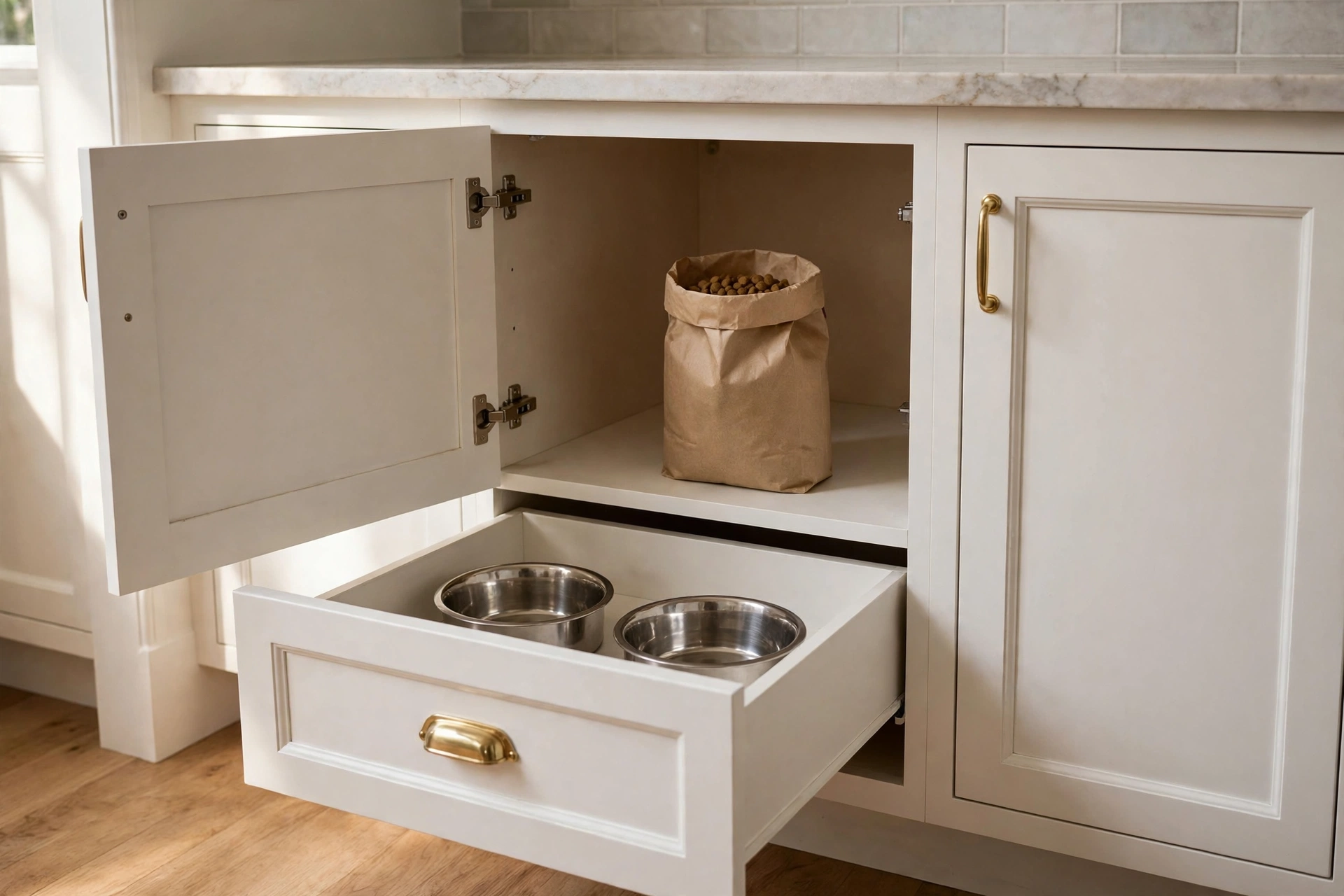 Kitchen cabinet converted into a pull-out DIY dog feeding station drawer with two bowls