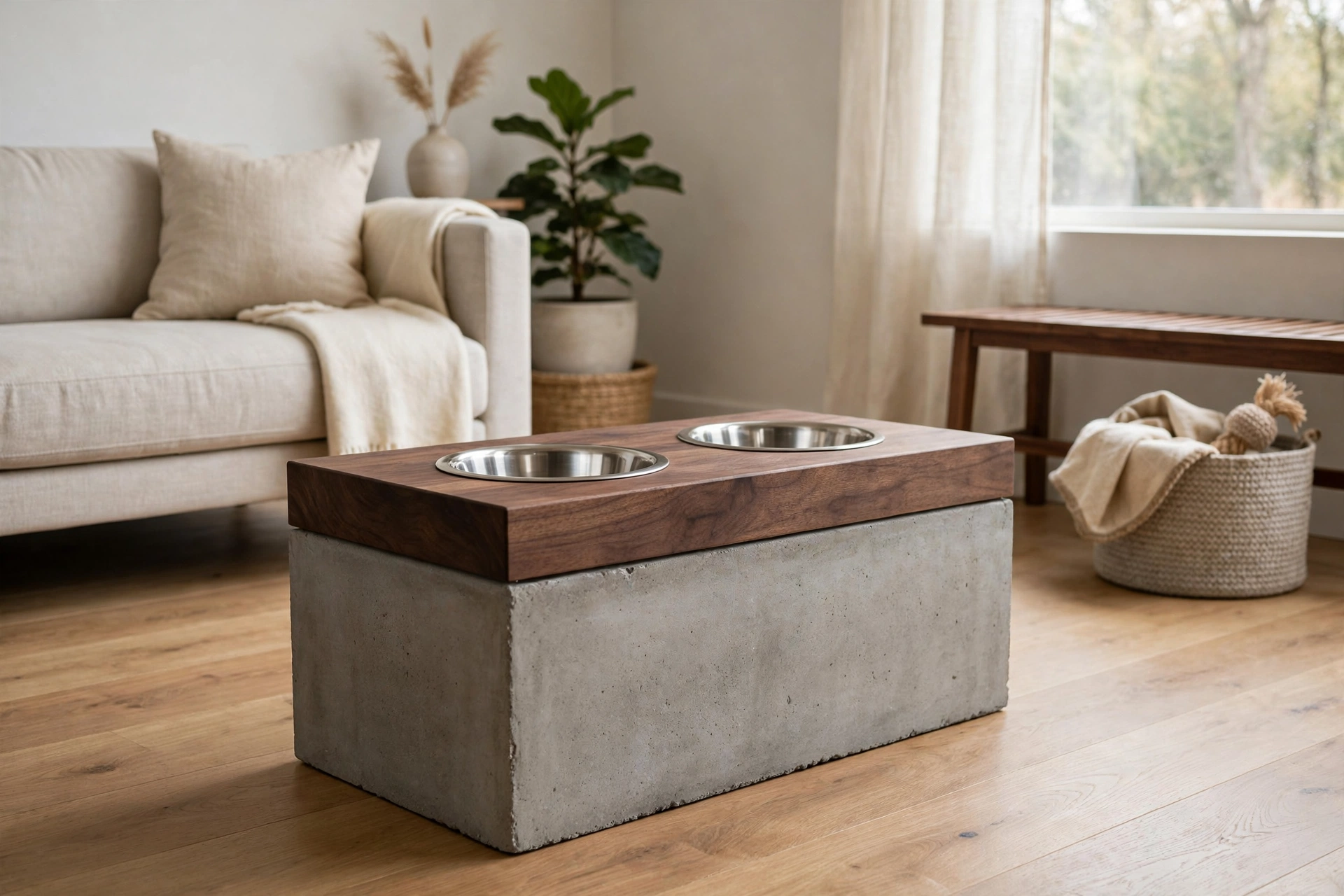 Modern DIY dog feeding station with concrete base and walnut wood top holding two bowls