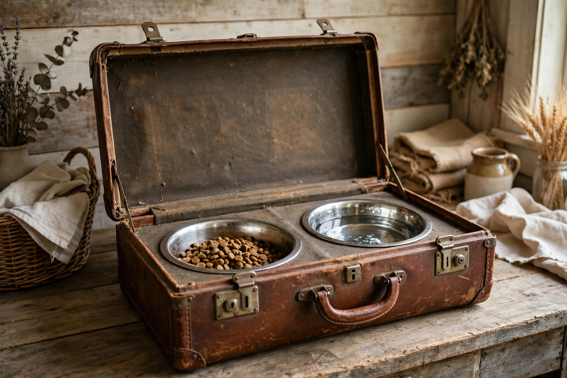 Vintage leather suitcase converted into a DIY dog feeding station with built-in bowls