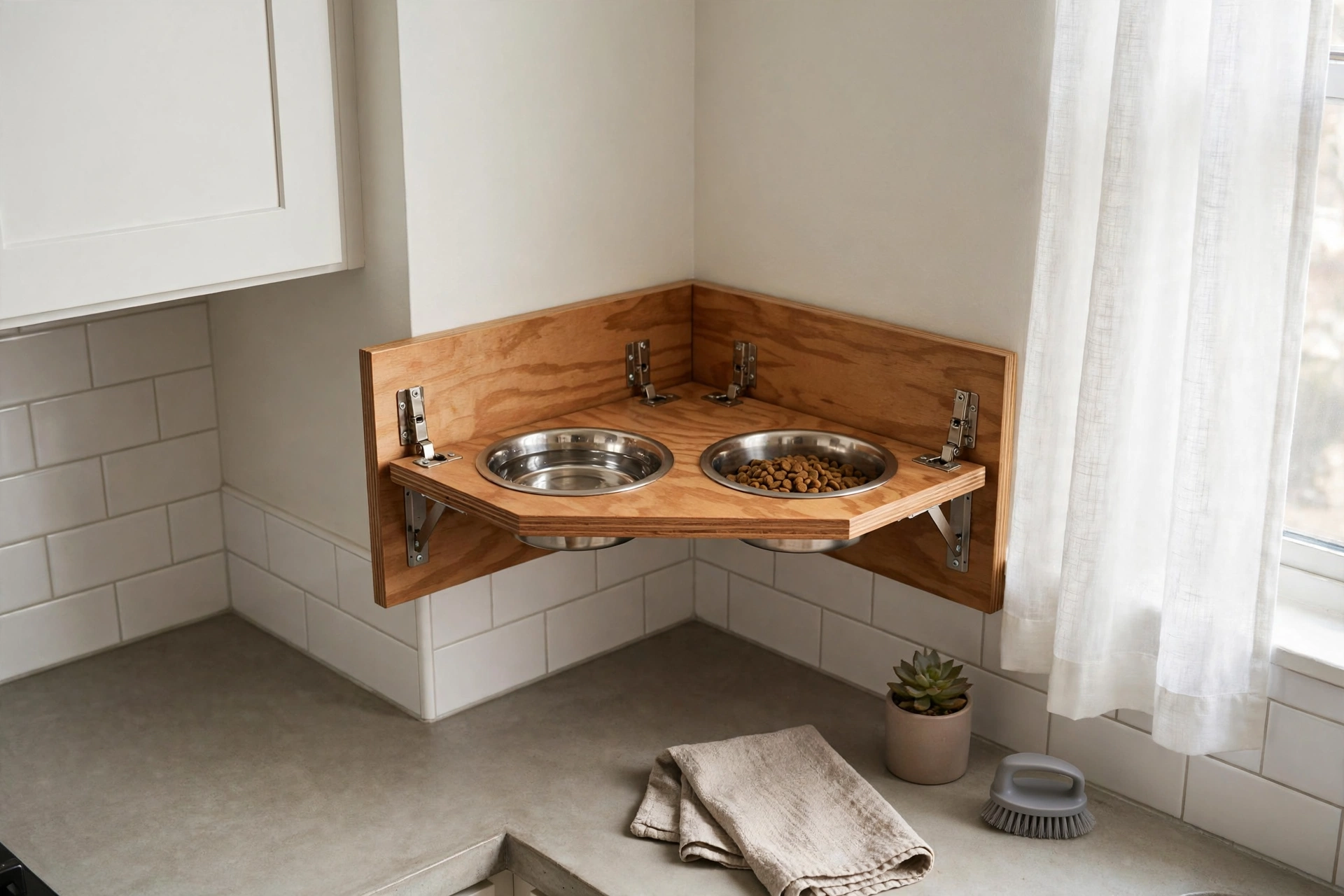 Wall-mounted folding DIY dog feeding station with two bowls in a small apartment corner