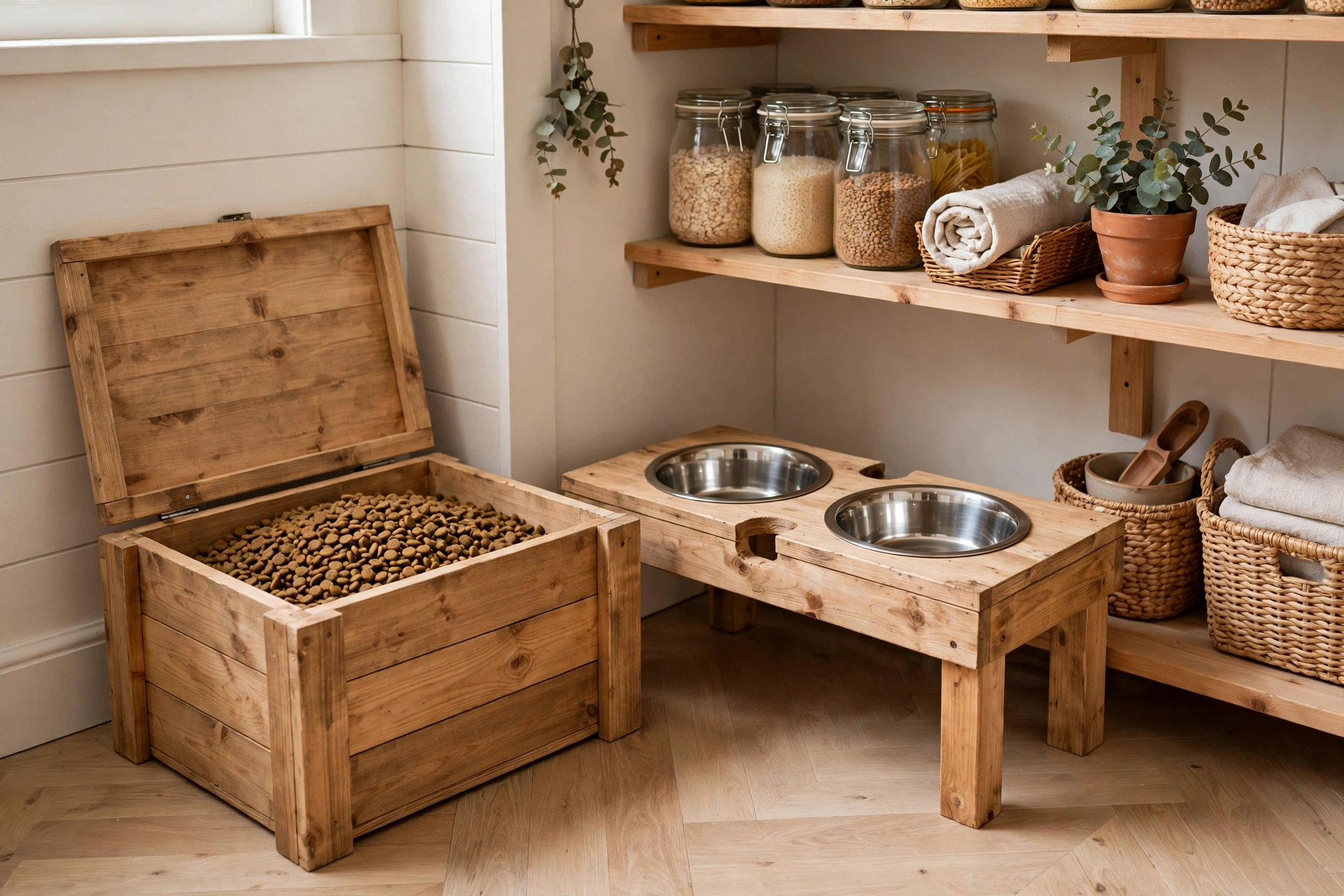 DIY dog feeding station with wooden storage bin for kibble and raised bowl stand