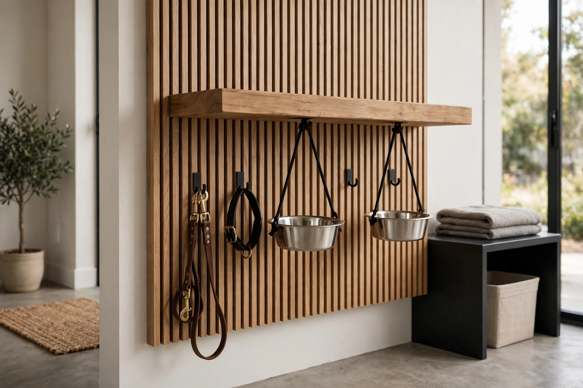 Floating wooden shelf DIY dog feeding station with hanging bowls and leash hooks below